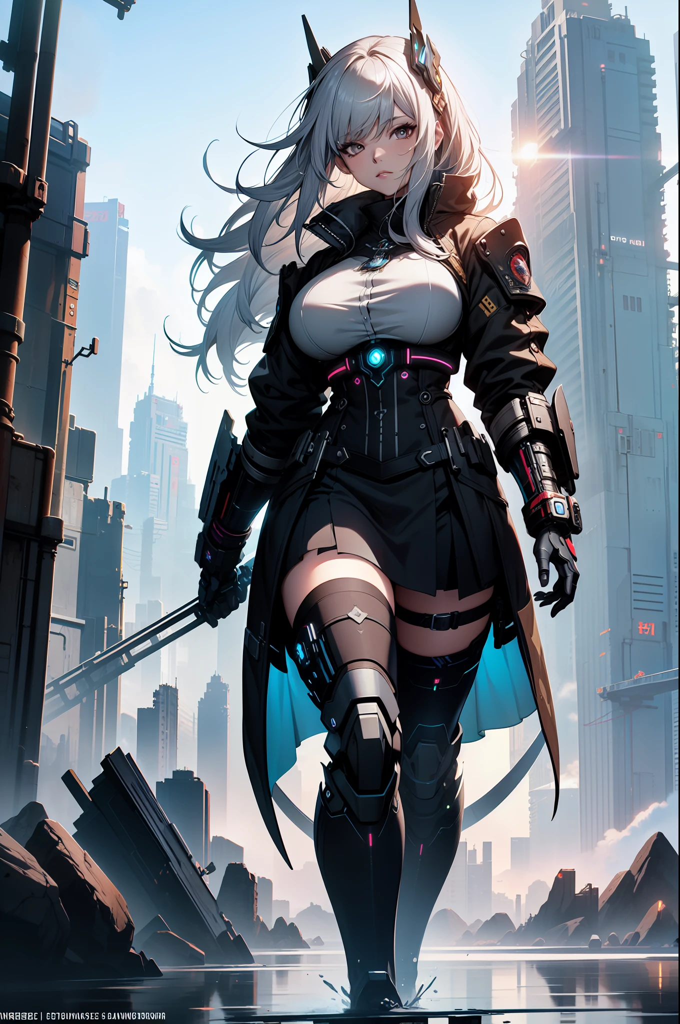 Epic scenes,Colorful colors,unreal-engine,8K分辨率,tmasterpiece,Rainbow skins,Specular reflection,Ray tracing effect,blacksilk,Imperial Daughter,A MILF,tightsuit,huge tit,short skirt,stocklings,Complicated details,fantasy concept art,White-gray hair,goth style,Cyberpunk mech,Trends on CGiStations,guweiz,Russell Dongjun Lu,digital cyberpunk anime art,ross tran 8 k,Guweiz on ArtStation Pixiv ,Mecha network armor girl