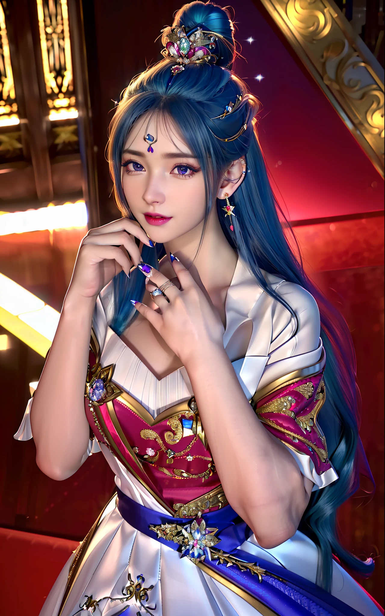 realisticity: 1.2)), ((realistic: 8K UHD)), ((best resolution: 8K UHD)), hyper detailed, best quality,masterpiece,highres,cg, ((1 girl hyper detailed and hyper realistic) ) , ((beautiful queen, hyper realistic and hyper detailed)),((white skin, beautiful, smooth, youthful, hyper realistic and hyper detailed )), ((Face hyper beautiful, white, hyper realistic and hyper detailed ) ), long hair, ((hyper realistic and hyper detailed dress)), solo, ((hyper realistic, hyper beautiful, beautiful and hyper detailed jewelry)), ((hyper beautiful deep red and golden yellow dress, hyper realistic and hyper detailed )) , ((Her pretty, hyper realistic, hyper detailed diamond filled earrings)), ((Her gorgeous diamond haircut, hyper realistic and hyper detailed)), ((hyper pretty upper body, hyper beautiful, hyper realistic and hyper detailed) ), ((medium breast: 1.5)), ((hyper realistic, hyper pretty, hyper detailed boobs)), ((the backgroun of the royal palace is hyper majestic, hyper realistic and hyper detailed)),((hands and palms hyper beautiful, hyper detailed, hyper realistic)), ((hyper detailed and hyper realistic fingers and fingernails)), ((posture not too fat and not too thin, hyper realistic, hyper detail)), ((hyper pretty, hyper pretty, hyper realistic and hyper detailed hair bun)), ((hyper pretty , hyper realistic and hyper detailed blue hair)), candid, Photo, high resolution, 8k , bokeh,