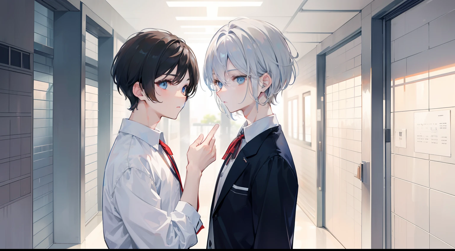 Two Boys, Silver-haired boy and brown-haired boy,eyecontact、 Two people staring at each other、Talking、White short-haired boy with blue eyes、Boy with brown eyes and short hair、school hallway、校服、Boys Love、hight resolution、ultra-detailliert