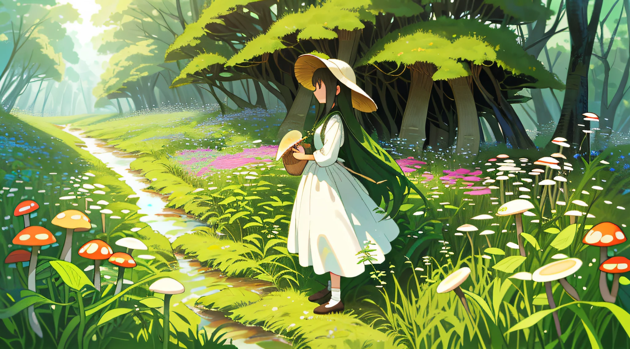 (tmasterpiece,best qualtiy),One long hair Girl,In a field of greenery and flowers,Mushroom picking by the creek,white dresses