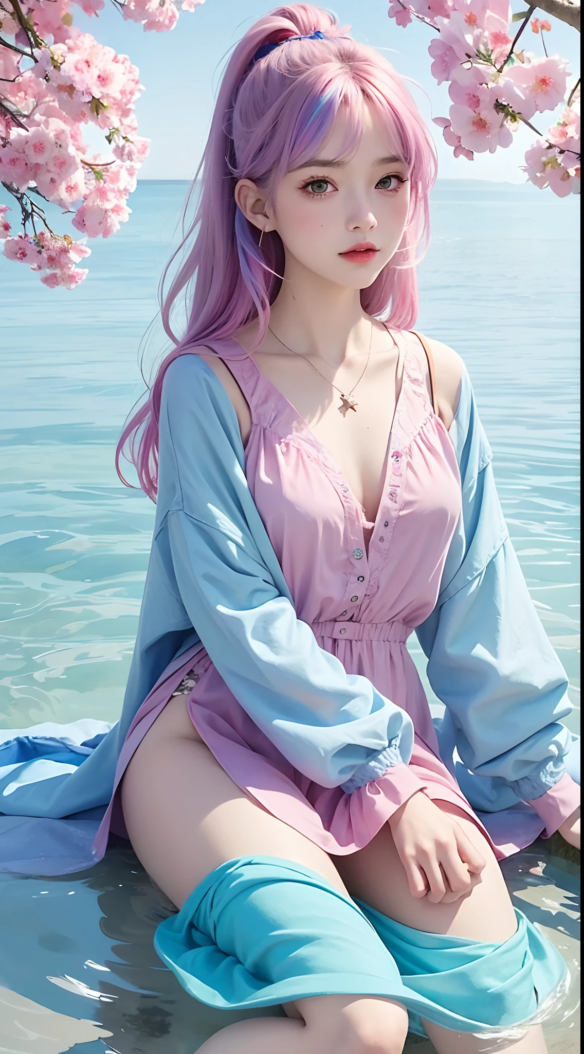 masterpiece, top quality, best quality, watercolor, official art, beautiful and aesthetic, 1 girl, fractal art, whole body, front body, sitting, looking at viewer, patterns, fantastic clothes, rainbow color Hair, colorful hair, half blue and half pink hair, water, liquid, cloud, colorful, starry, stars,