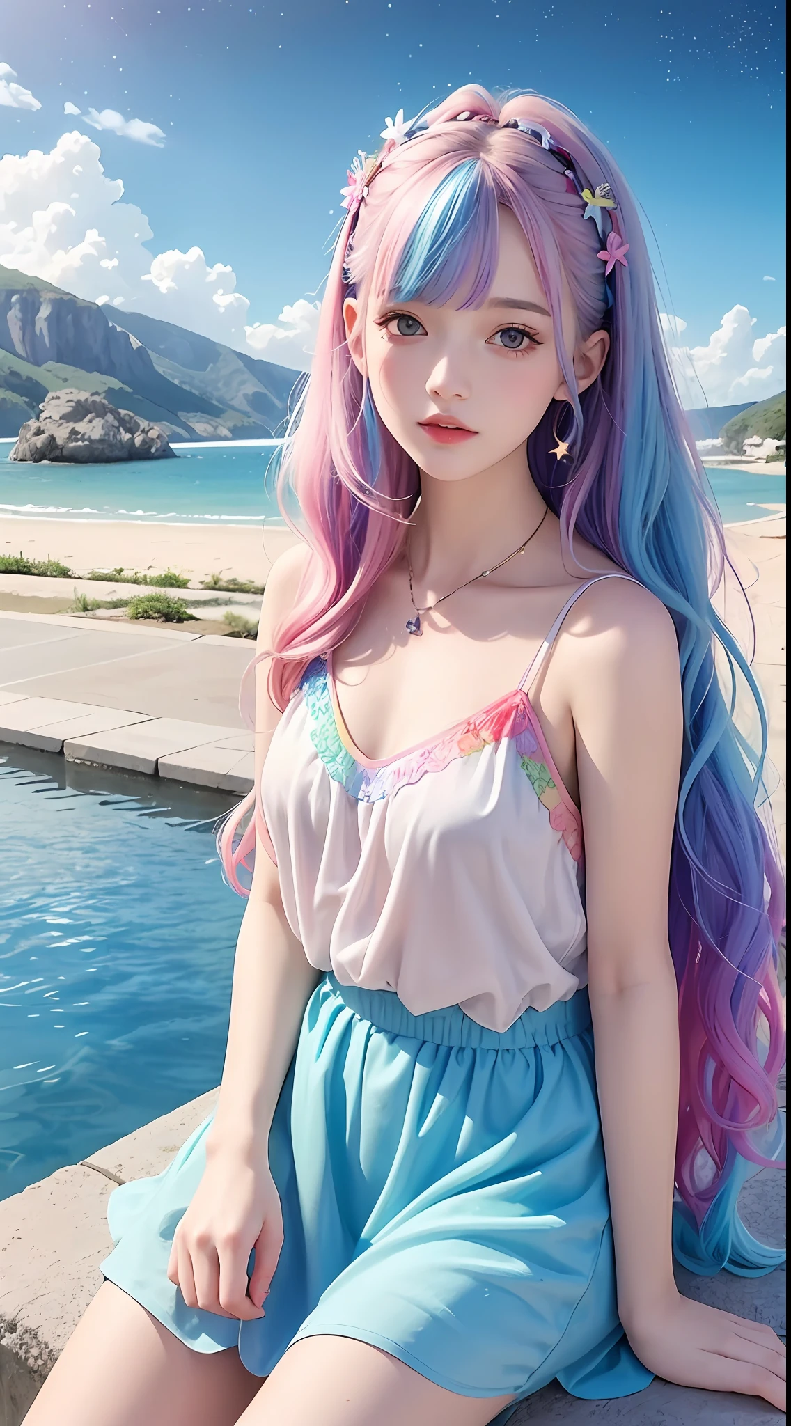 masterpiece, top quality, best quality, watercolor, official art, beautiful and aesthetic, 1 girl, fractal art, whole body, front body, sitting, looking at viewer, patterns, fantastic clothes, rainbow color Hair, colorful hair, half blue and half pink hair, water, liquid, cloud, colorful, starry, stars,