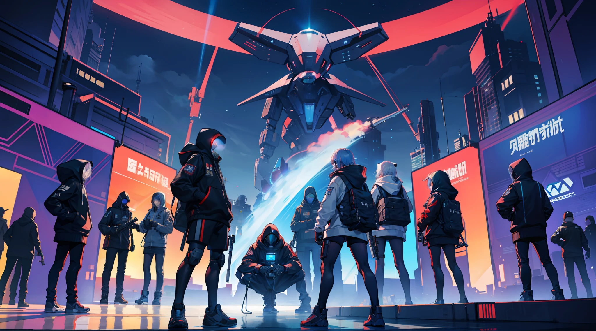 holding gun,face guard,Hooded sweatshirt,Robotic arm,Large spacecraft launch station base,Skysky,cyber punk perssonage,城市