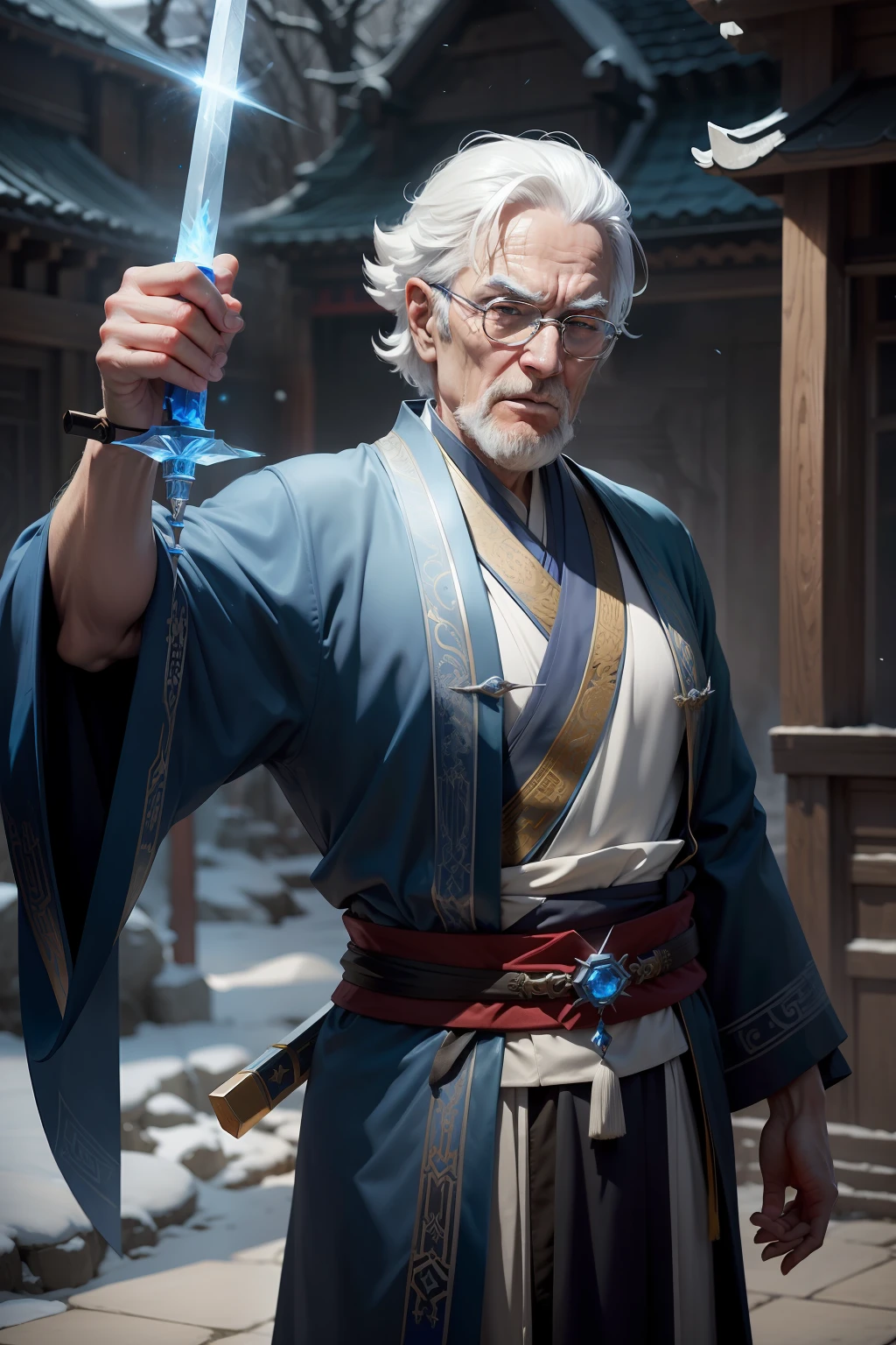 The old man in the Taoist robe wielded an ice sword,The demeanor is majestic,Powerful,There are two rounds of blue aperture on the back,