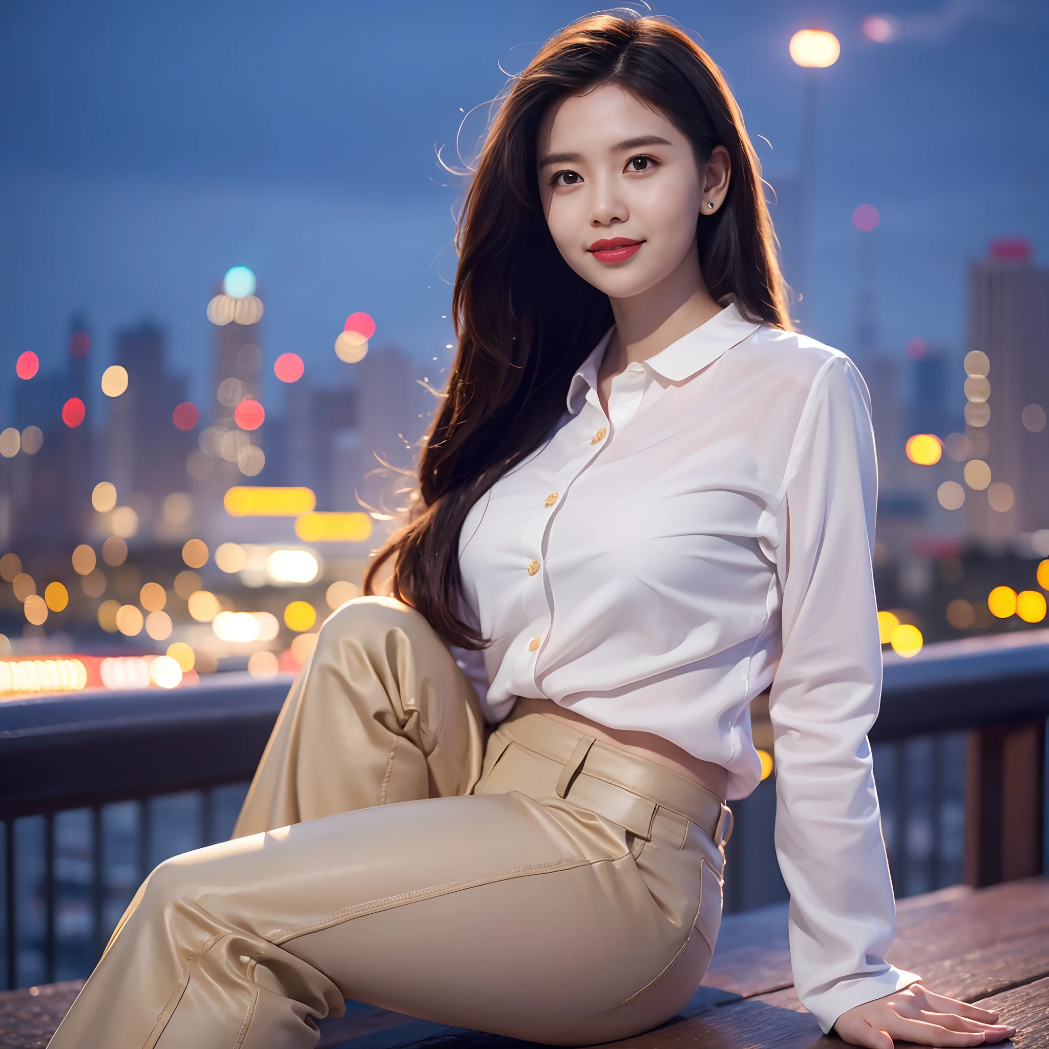 "1 girl, (looking at the viewer), (bokeh:1.1), smiling, softly lit, peaceful expression, realistic, meditative pose, starry night sky, wearing a shirt and pants, urban skyline in the background, realistic atmosphere, inspired by Chingmy Yau V2."