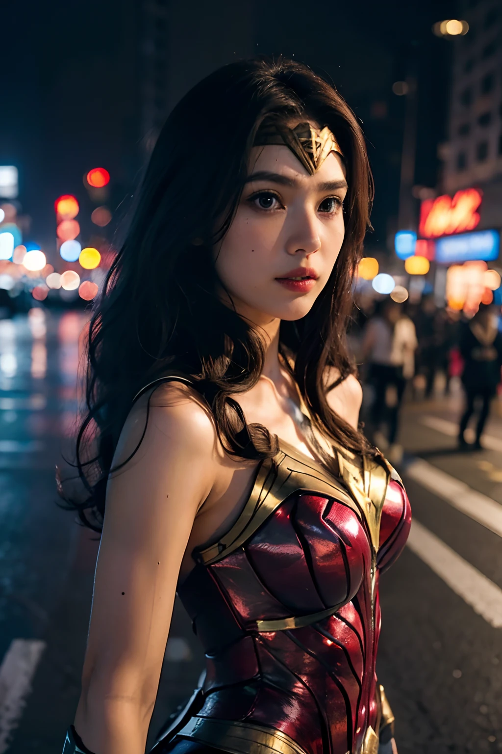 1girl, (long curly hair) in dynamic action pose (holding thor hammer) (in wonder woman costume) in Tokyo street,night, cityscape,city lights, upper body,close-up, 8k, RAW photo, best quality, masterpiece,realistic, photo-realistic,