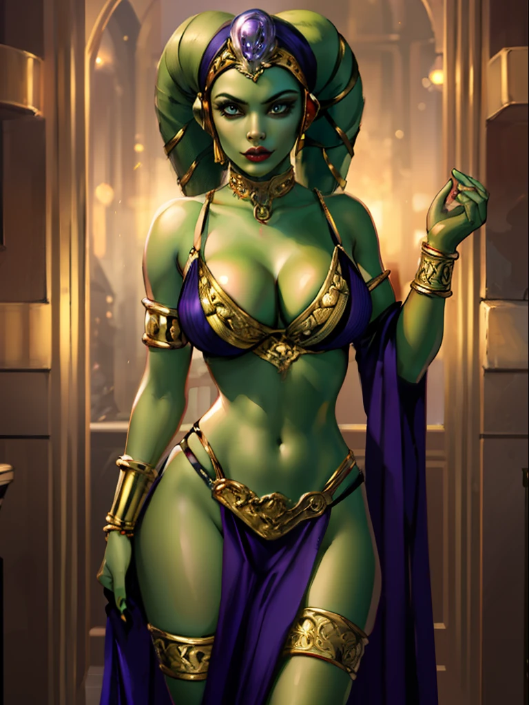 (best quality, masterpiece, highly detailed), 1girl, (green skin), sexy busty Twi'lek, (skindentation, cleavage), looking at viewer, gold and black bikini, gold, ornate metal bra, metal lace, gemstones, jewelry, long skirts, armlets, pelvic curtain, Star Wars, lekku stripes