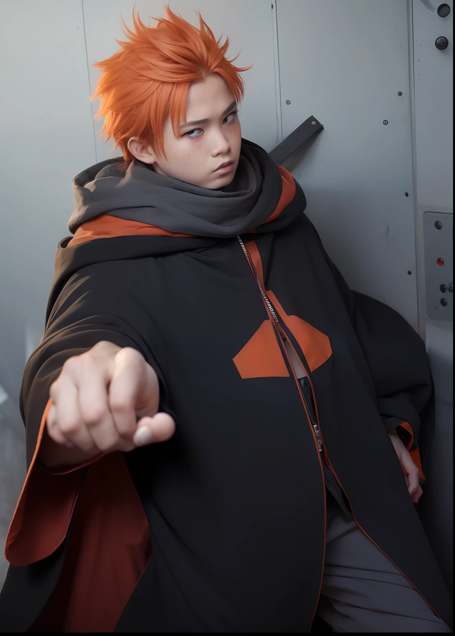1boy,jugo, realistic, orange-colored hair, and red marks on her temples and chin,wearing a black robe,ultra detail