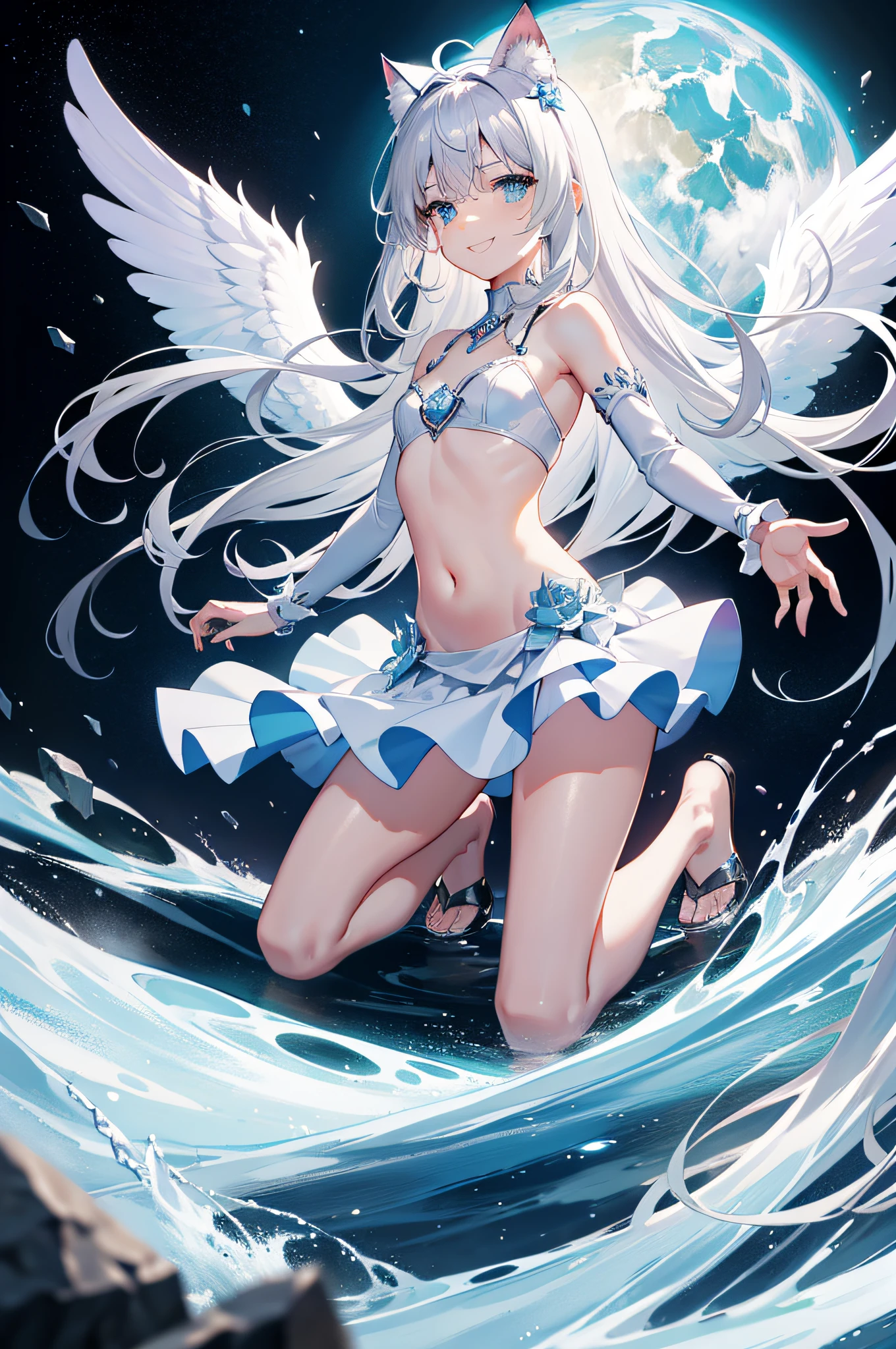 4K Ultra Clear,tmasterpiece,Beautiful 2D style,Night's,Clear face,A ring that wraps around the back,Kneel on the stone,Petite body,Silver hair,Small chest,Showing the belly,the angel's wings,Wear a dress with a complex texture underneath,It has cat ears on its head,A light blue aperture floats overhead,smiling expression,Bright background,A lone,age girls in Asia