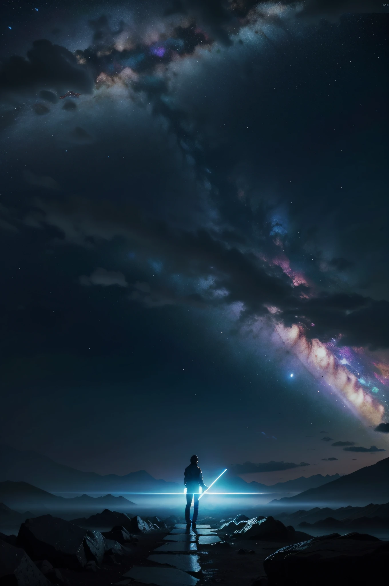 masterpiece, best quality, light particle, depth of field, , field, scenery, fantasy, , red light, blue light, far away, no humans, pastel colors, chromatic aberration abuse, dark, cloudy sky, space, blue aura, aura, cinematic, battlefield, dark atmosphere, multicolored background, day, dark hole, glowing eyes, purple light, illumination, cliff, planted sword,
Negative prompt: watermark, text, error, blurry, jpeg artifacts, cropped, worst quality, low quality, normal quality, jpeg artifacts, signature, watermark, username, artist name, (worst quality, low quality:1.4), bad anatomy, ugly, poorly drawn, bad hand
Steps: 28, Sampler: Euler a, CFG scale: 12, Seed: 3528243947, Size: 1365x768