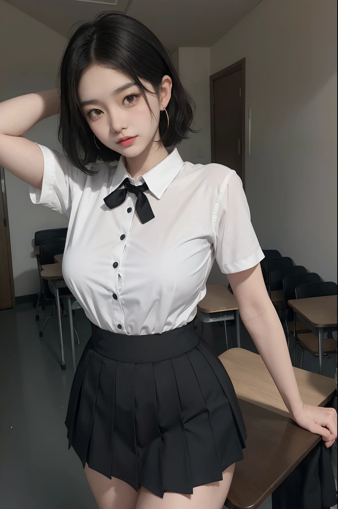 Korean school uniform，Summer uniform shirt，Ribbon Ties，a skirt，School Classroom，school stairs，Chest thrust pose，（the breasts are large），8K raw photos，A high resolution，cool Korean at 16 years old，very large round breasts，beautiful eyes in detail，long eyelasher，beautiful double eyelid，eye shadows，eyes liner，Cut Eyes，Elongated eye shape，Sanpaku eyes，evilsmile，Evil expression， Beautiful very thin legs，Beautiful very thin thighs，Random short hair，Hair tied behind the head，large circle earrings，（Short messy hair），With gray eyes（with black curled hair）