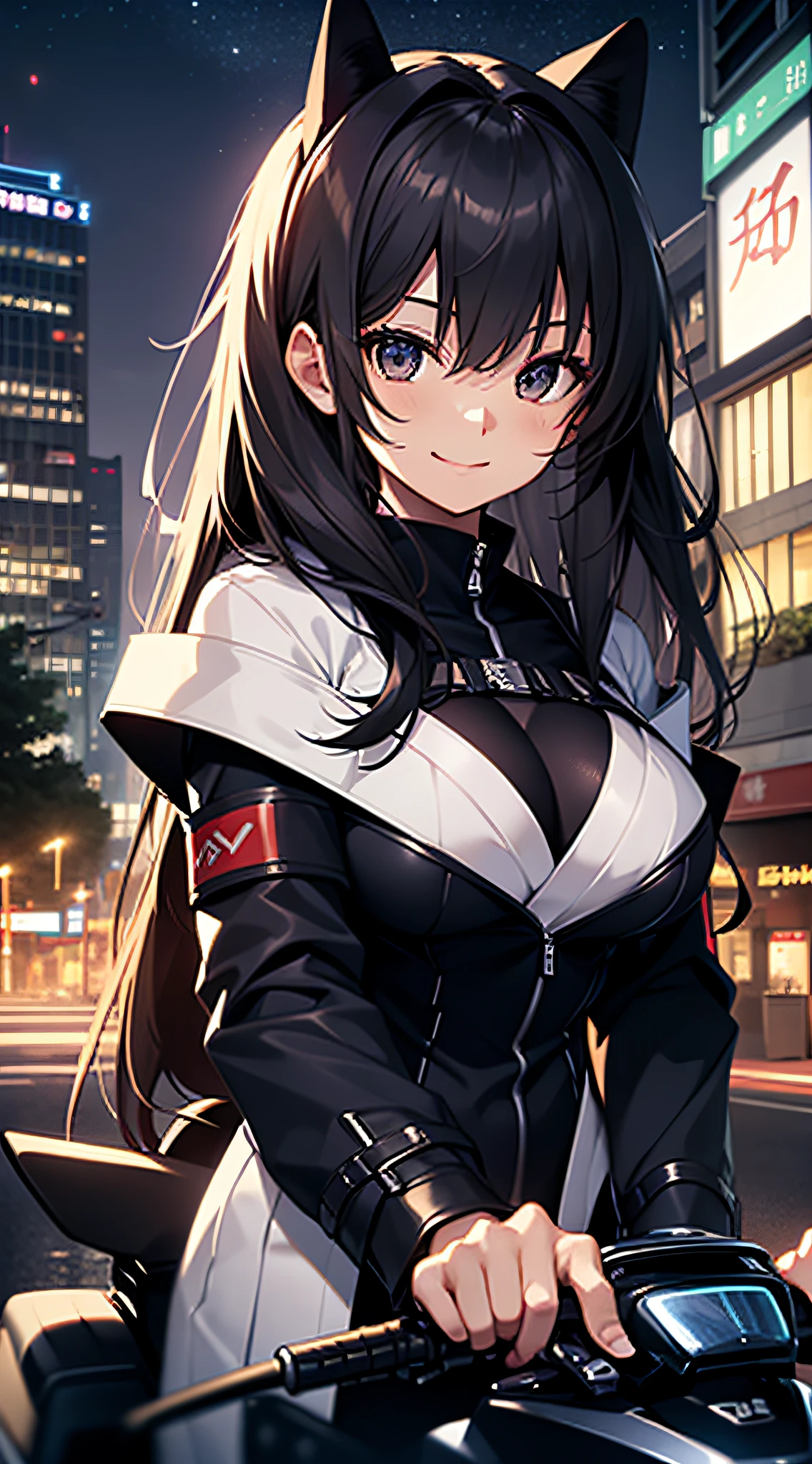top-quality、top-quality、femele((18year old、japanes、、cute little、A dark-haired、Longhaire、Rider suit with open chest、big bast、Bust 95、a smile、Breasts wide open、Reflecting the whole body、A slender、Riding on a motorcycle)),hiquality、depth of fields、Background with((City at night))、