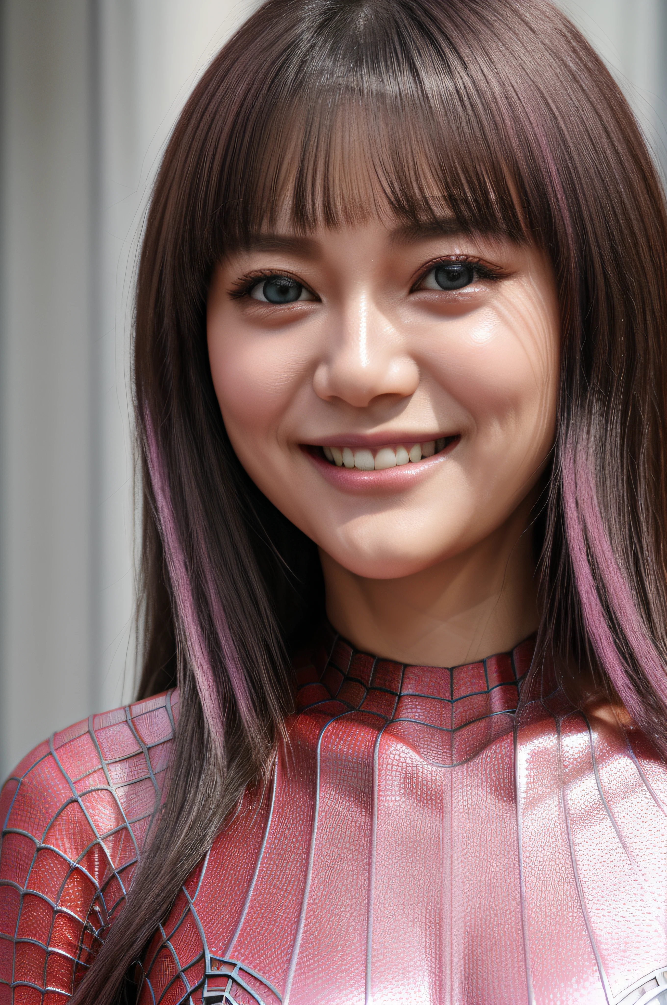 Close up of a smile with the corners of the mouth raised、Close up of a smile with the corners of the mouth raised、Close up of a smile with the corners of the mouth raised、close up of face、close up of face、close up of face、round and clear eyes、Shining eyes、Shining eyes、Cute 18 year old woman、(Big eyes、Crimson eyes、Shining eyes、Eye Gloss)(Smile with the corners of your mouth raised、Open lips、lipgloss)、(bangss、Silver-pink hair)、Spider-Man's pink wetsuit