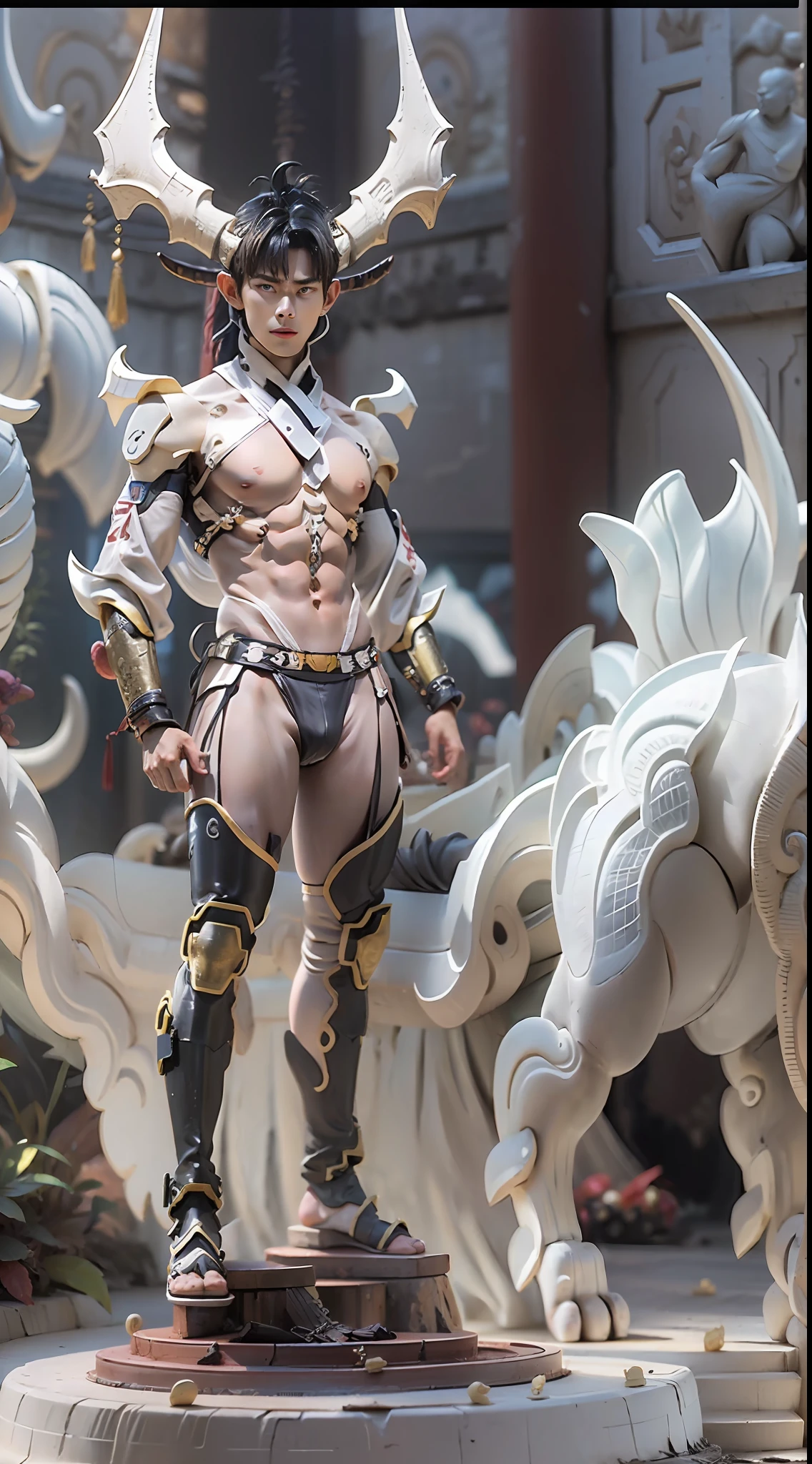 Model design，Tide play blind box，3D naked boy,GK, The whole body of the character，base，Wu Shixun，Raised sexy，coda，Long horns on the head，Transparent wings，Handsome cybernetic boy looking at camera lingerie detailed muscular reality masterpiece，musculous