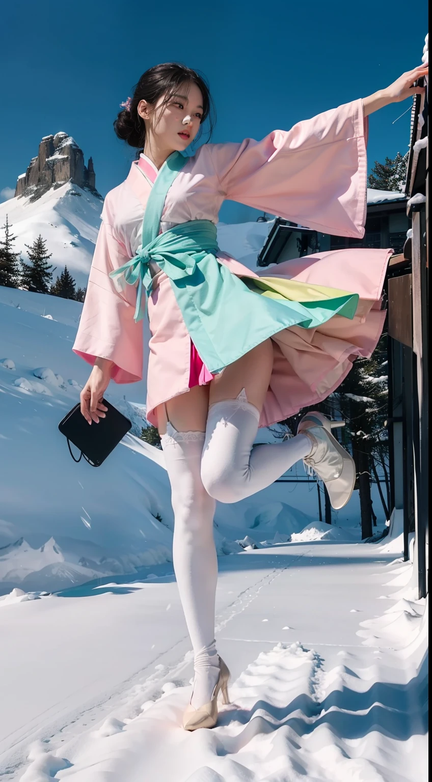(full body:1.5), (Polished pointed toe stockings heels:1.2), (Dance on top of snowy mountains:1.2),(In pink|amarelo|blue colors|green color|red colour|white colors|black in color|purpleish color|greys|Beige|Flesh color 1.4),(Accurate and perfect face:1.2),Dressed in Japanese kimono women's clothing,A shallow laugh,,hyper HD, Ray traching, reflective light,structurally correct, Award-Awarded, high detal, lightand shade contrast, Face lighting,cinmatic lighting, tmasterpiece, super detailing, high high quality, high detal, best qualityer, 16k,