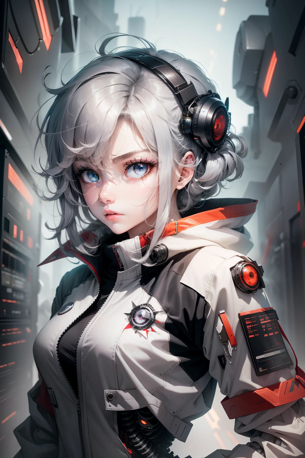 Short, gray hair,(Single_Mechanical_eye),1girll,robot,Bigchest,Coat,majestic-looking, Striking coloring, High energy,fantasy, High-tech,Embroidered bomber jacket,