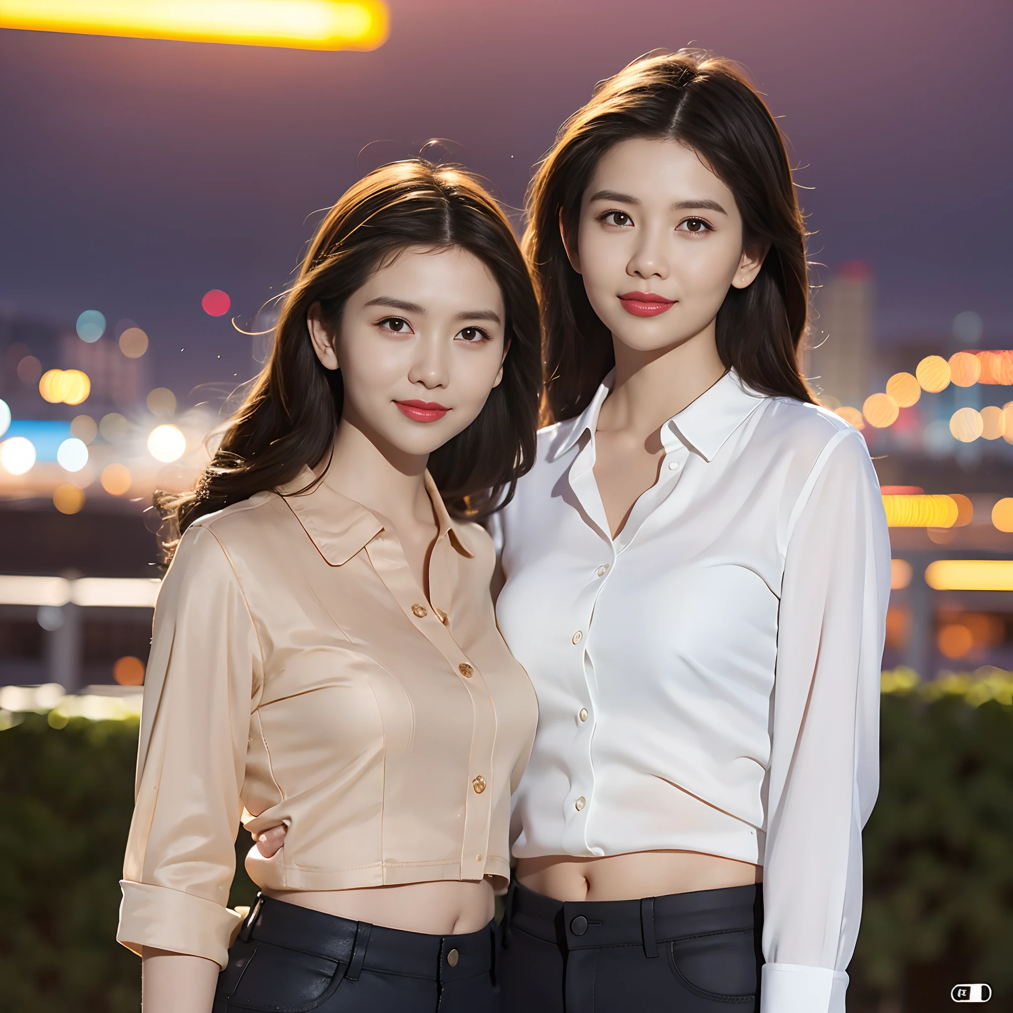 "2 girl, (looking at the viewer), (bokeh:1.1), smiling, softly lit, peaceful expression, realistic, meditative pose, starry night sky, wearing a shirt and pants, urban skyline in the background, realistic atmosphere, inspired by Chingmy Yau V2."