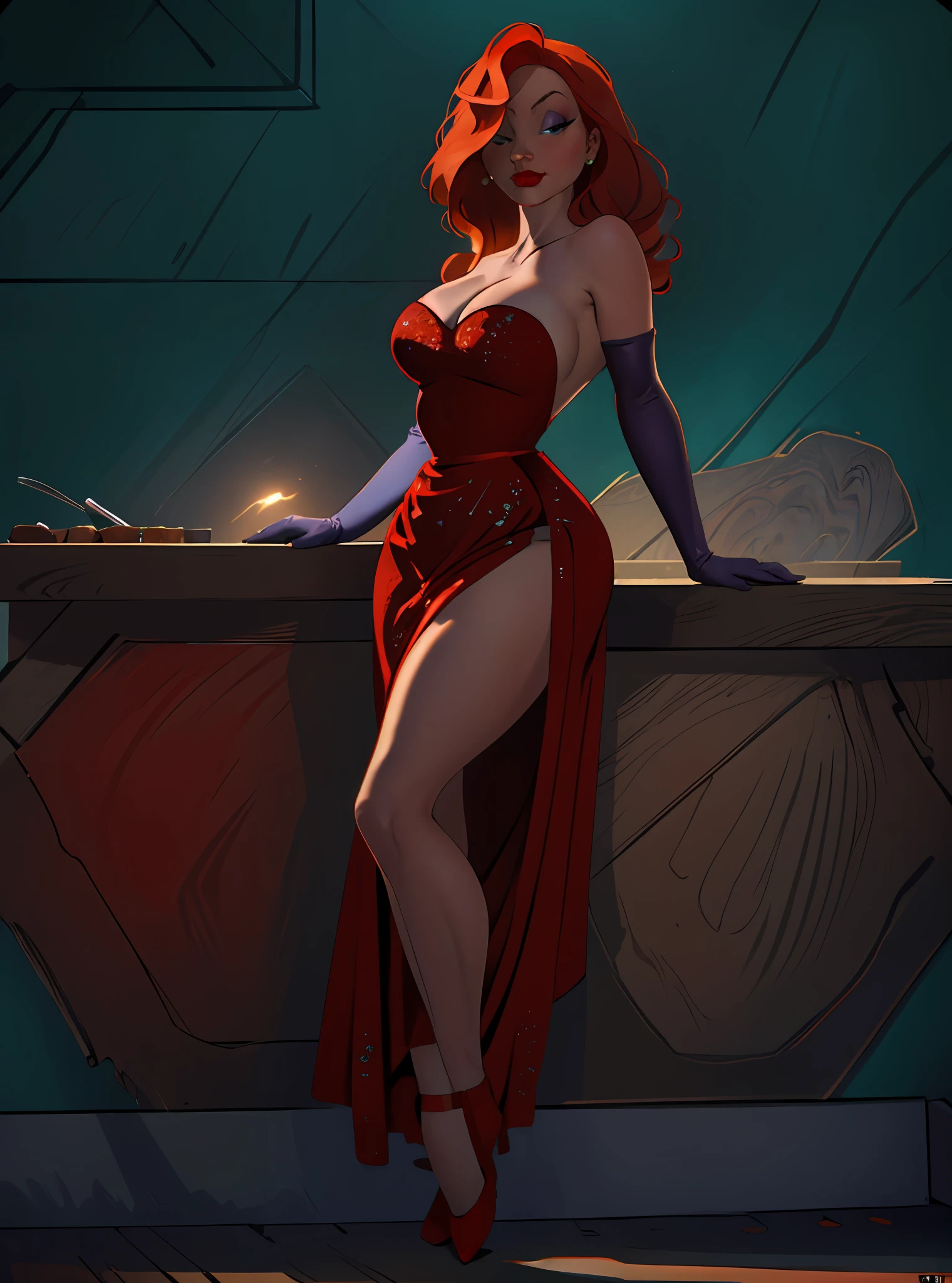 (JessicaWaifu:1),1girl, cute, looking at viewer, (red hair, green eyes), (red dress), (strapless dress, elbow gloves, red lips, makeup, cleavage, bare back), ((extremely curvy)), 
(detailed landscape, bar:1.2), (background), (dynamic_angle:1.2), (dynamic_pose:1.2), (rule of third_composition:1.3), (dynamic_perspective:1.2), (dynamic_Line_of_action:1.2), solo, wide shot,
(masterpiece:1.2), (best quality, highest quality), (ultra detailed), (8k, 4k, intricate),(full-body-shot:1), (Cowboy-shot:1.2), (50mm), (highly detailed:1.2),(detailed face:1.2), detailed_eyes,(gradients),(ambient light:1.3),(cinematic composition:1.3),(HDR:1),Accent Lighting,extremely detailed CG unity 8k wallpaper,original, highres,(perfect_anatomy:1.2),