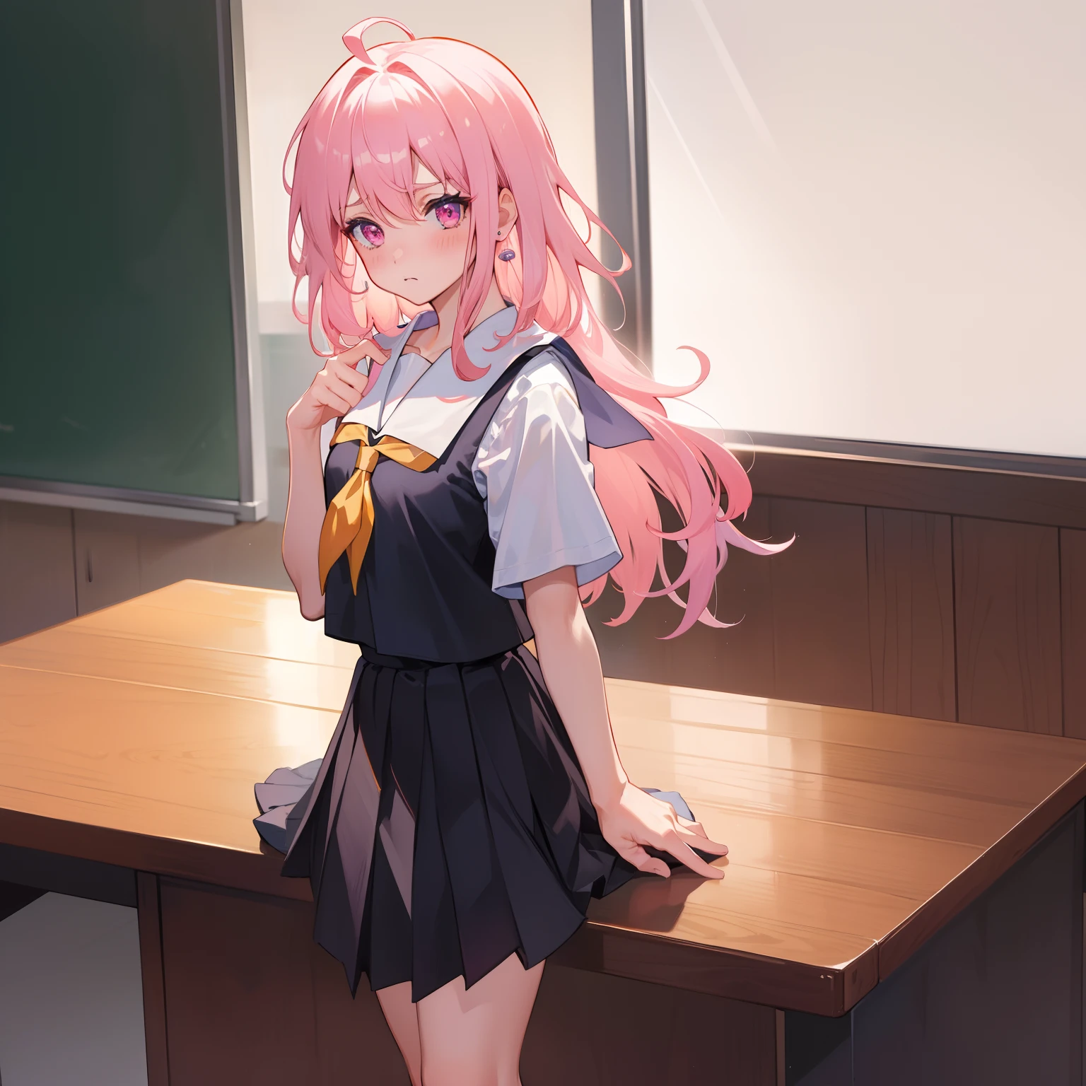 (Masterpiece), ((Best Quality)), (Super Detail), 1 Girl, Pink Hair, Small, Short Sture, Medium Long Hair, Ahoge, School, Classroom, 14 years old, School Uniform, Skirt, Socks, Serafuk, Neckerchief, Sailor Color, Pleated Skirt, White Socks, Blue Skirt, Short Sleeve, Shirt, White Shirt, Blue Sailor Color, Blue Neckerchief ,, Blush, Bangs, Frown, Pink Eyes, perfect hand, hand detail, modified fingers. earrings, looking_at_viewer, top quality, rich details, perfect image quality,