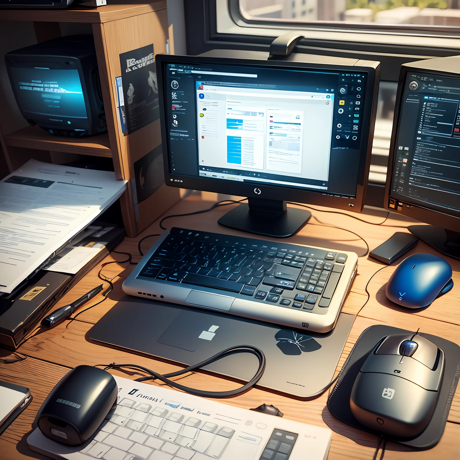 personal computers, mouse, Mouse pad, Fashionab, office room, office desk, glass, modern day ,The computer screen shows a blue screen of Windows crashing