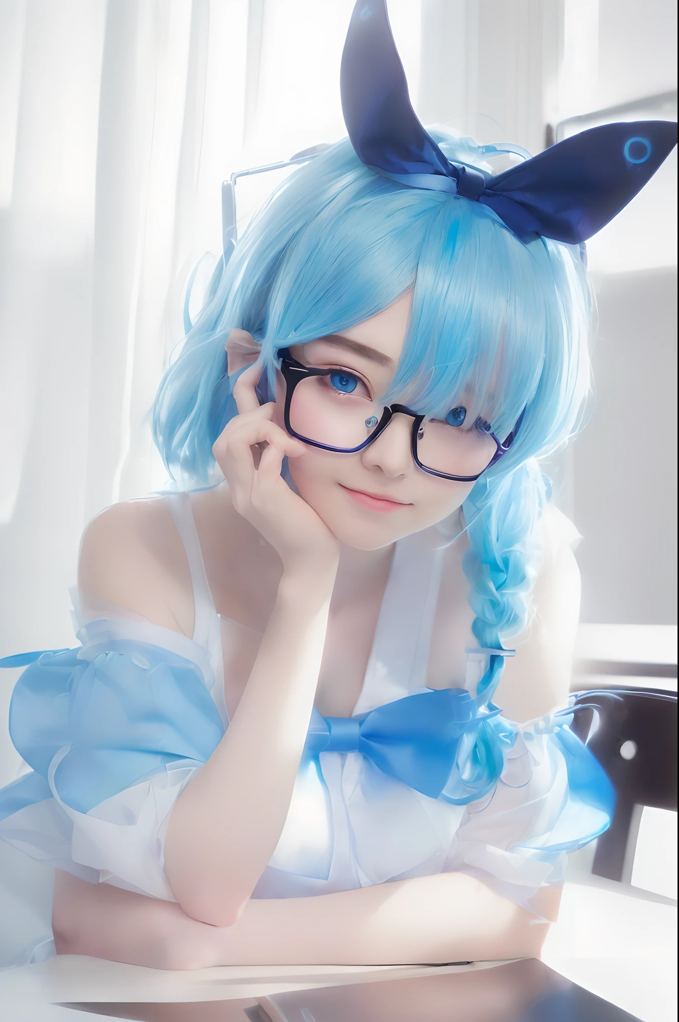 (best quality), (masterpiece), there is a woman with a blue and white hair sitting at a table, anime girl cosplay, anime girl in real life, pretty girl with blue hair, beautiful blue haired girl, anime girl with cat ears, hyper realistic anime, pretty anime girl, photorealistic anime, anime cosplay, beautiful anime girl, kawaii realistic portrait, portrait of cute anime girl, stunning anime face portrait, ((glasses))