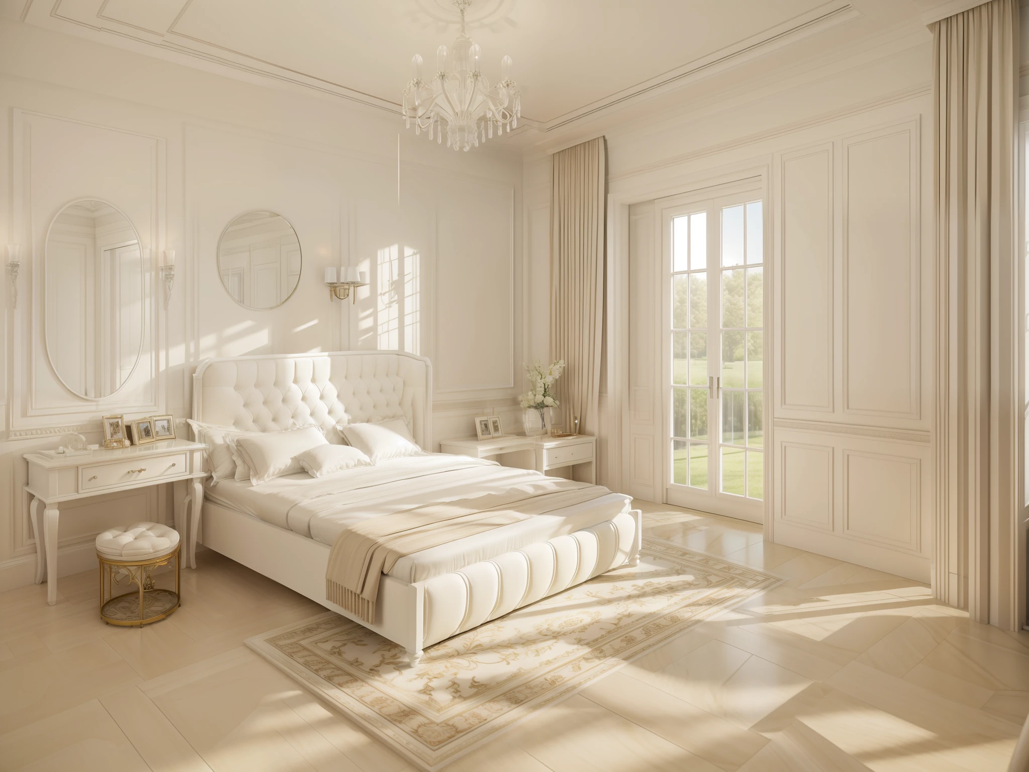 ((indoor neo classical bedroom scene)), morden bedroom (about bedroom:1.3), (realistic), (masterpiece), super-detailed, ultra-realistic, (full detail), (high quality), (8k resolution), a Glass door from the wall to the ceiling see outside, white curtain, day light, (whiten tone:1.5), wall art, glass door