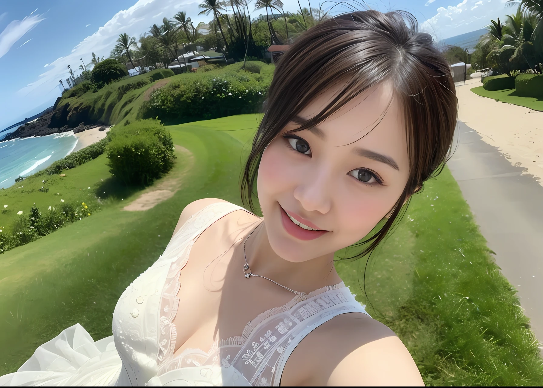 ((top-quality、8K、masterpiece:1.3))、1 girl, Solo,foco nítido:1.2、Beautiful woman with perfect body shape:1.4、(Layered Haircut、Highly detailed facial and skin texture、A detailed eye、二重まぶた、A slight smil、white wedding dress、hawaii、the beach、Angle from above、