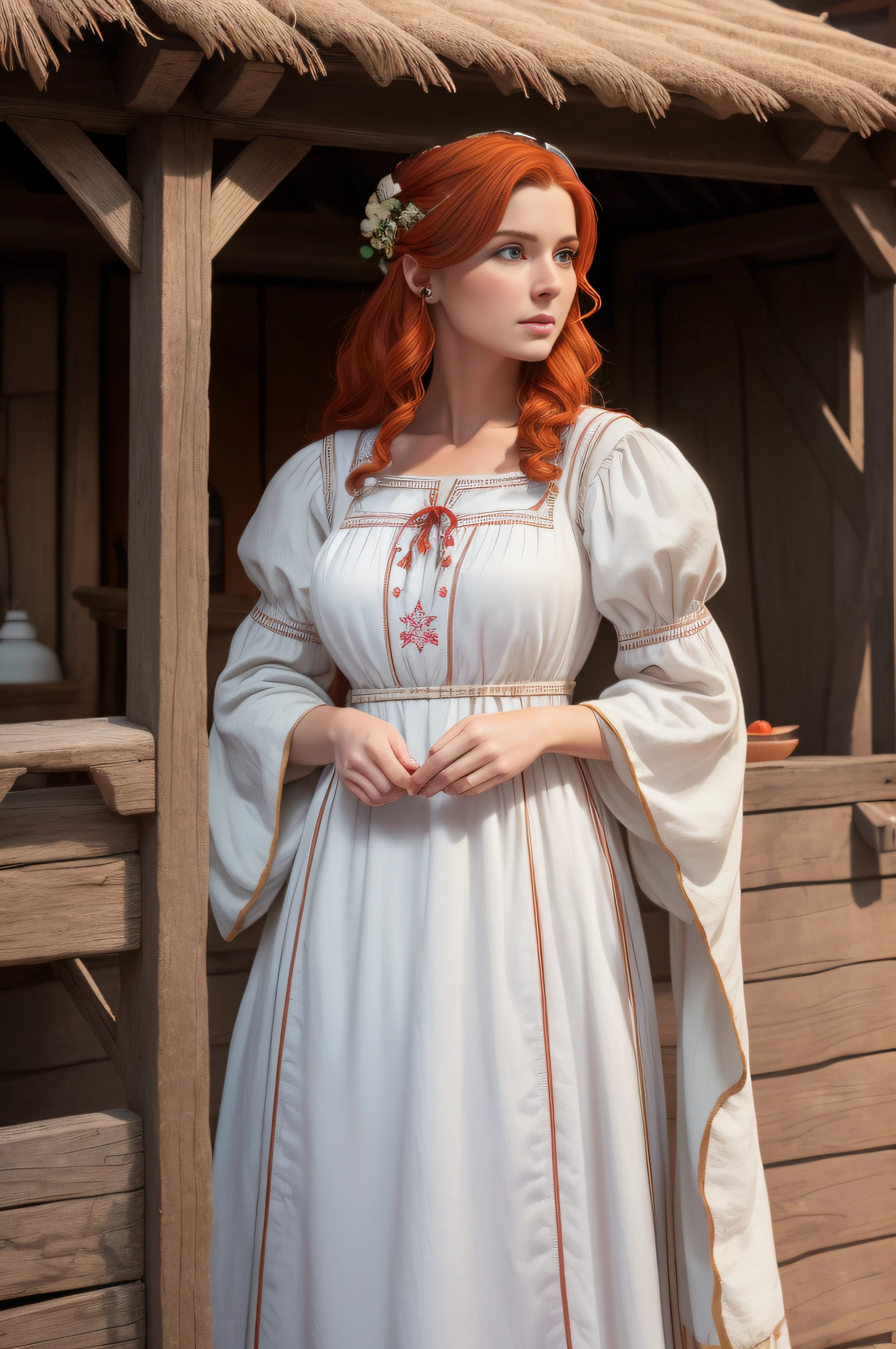 Masterpiece, 8K, wallpapers, (Detailed), ((full - body)), (20th century, 1940) Looks like Triss Merigold, Tall Woman, 28 years old, Russian, Slavic appearance, beautiful slavic european face, beautiful, red hair in different directions, Light white skin, nice size "C" breast, (A affectionate look), (In a Slavic peasant dress), (against the background of the big hut), (hermit), ((high skin detail, skin details)), sharp-focus, 8K UHD, dslr, hiquality, Film grain,