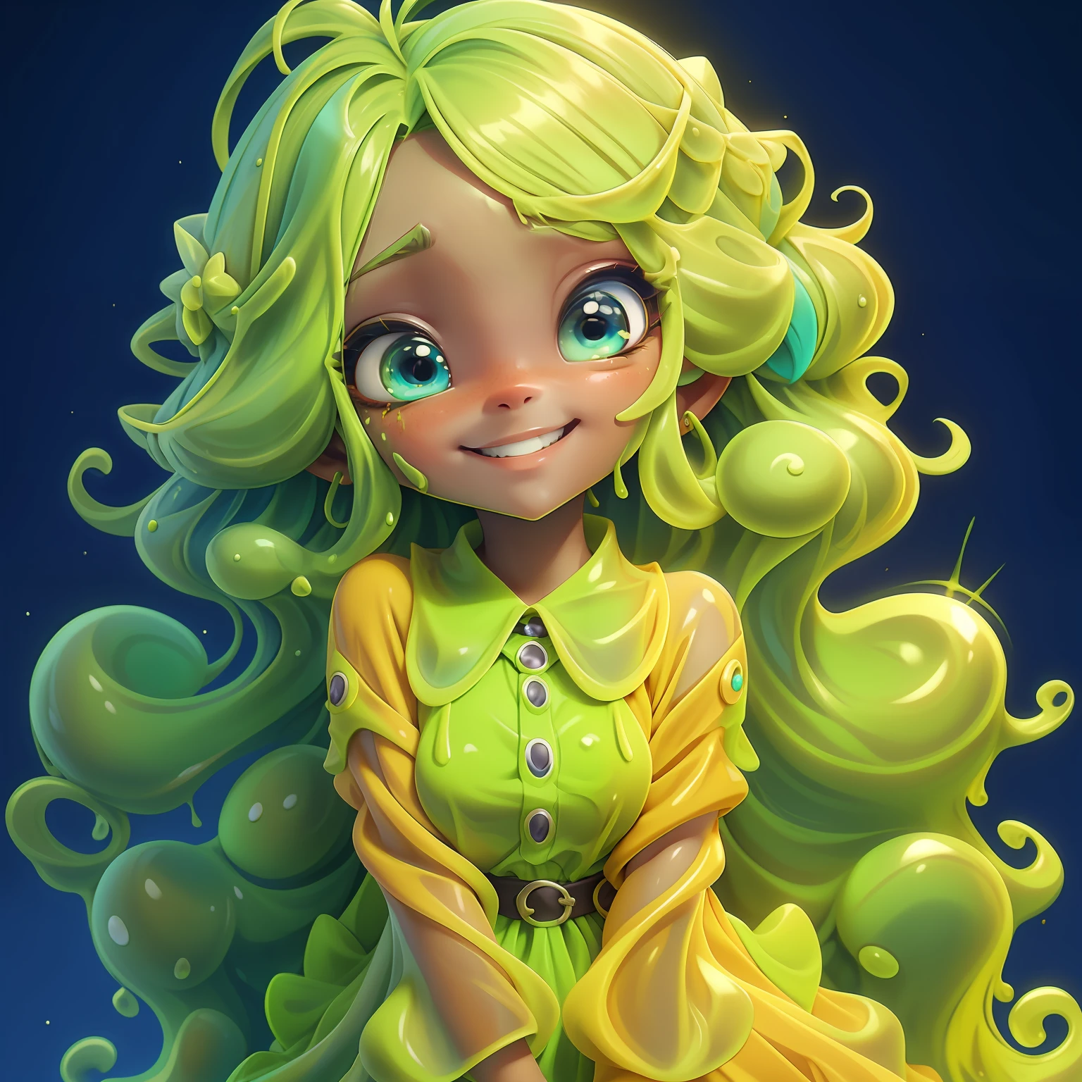 Loli Slime girl, (slime), Slime cabelo estilo de cabelo, multicolorido, sorriso e olhos delicados, vestido de noite extravagante, fundo simples, Masterpiece, Melhor Qualidade