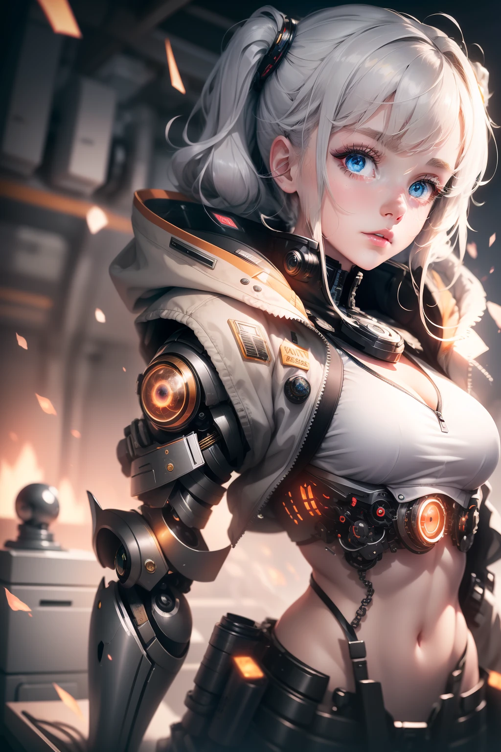 gray,(single_mechanical_eye),1girl,robot,,coat,Commanding Presence, Striking Coloration, High Energy,fantasy, high-tech,Embroidered bomber jacket,