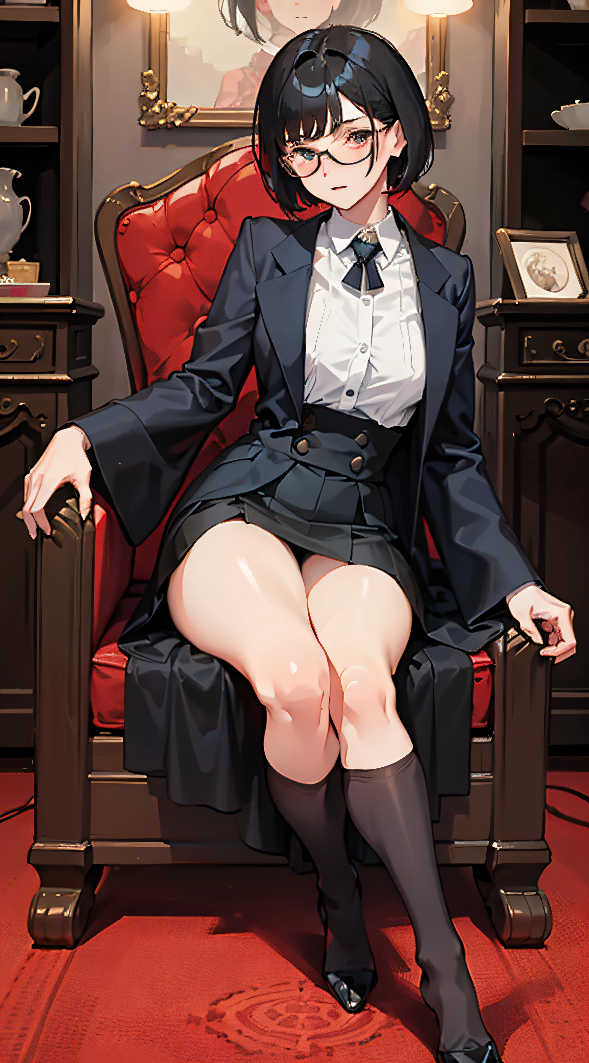 The Woman in Blacktights, Sitting on a chair, Short-haired girl with glasses, The facial expression is sexy, The thighs are exposed, short skirts, Make the soles of your feet visible