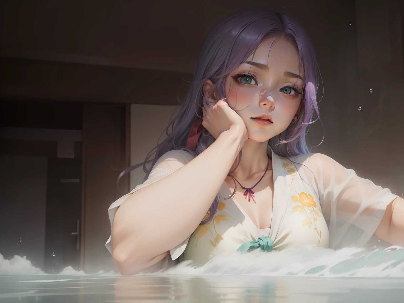High quality illustrations in anime style，Delicate and exquisite，plethora of colors，with dynamism，actionpacked，Show the beautiful face of an anime girl，eyes with brightness，Colorful hair color（Silvertone、red colour、purpleish color、amarelo、green color），Wearing a white martial arts costume，A ribbon is tied around the neck，Get wet with water droplets，The background presents a view of the sea of clouds and dusk，And present with watercolor effects。
