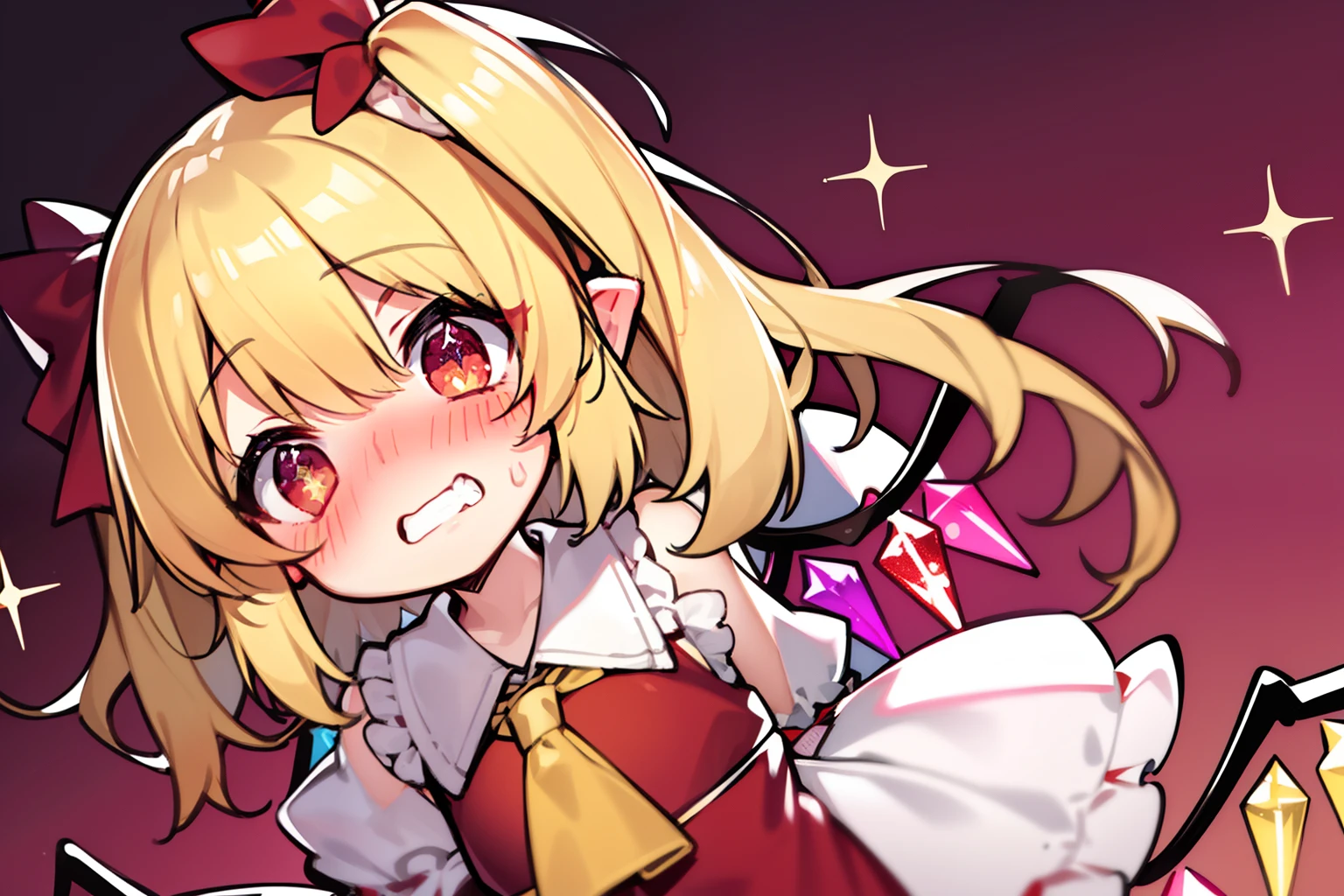 (Flandre Scarlet)、blushed face、embarrassed from、Open your mouth、is standing、sparkly eyes、(Petite)