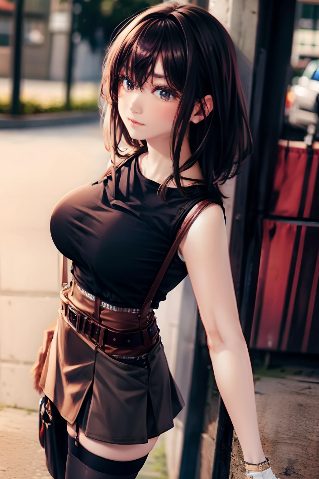 a belt　　Colossal tits　　　suspenders　　garterbelts　　　Black stockings　　Black tank top　a miniskirt　Brown hair　Gray eyes　　Futomo　hason
