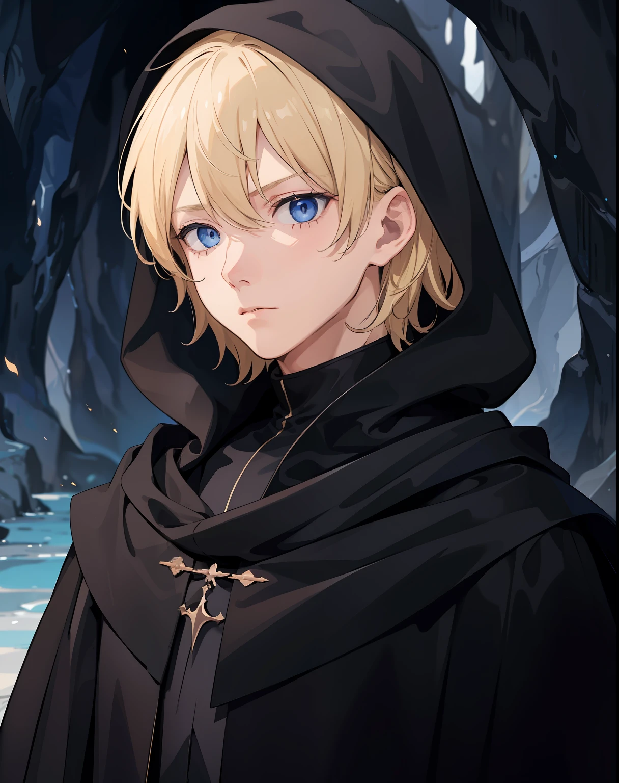 1boy, blonde hair, blue eyes, wearing black cloak, empty facial expression, background blurred, cave background, cinematic,