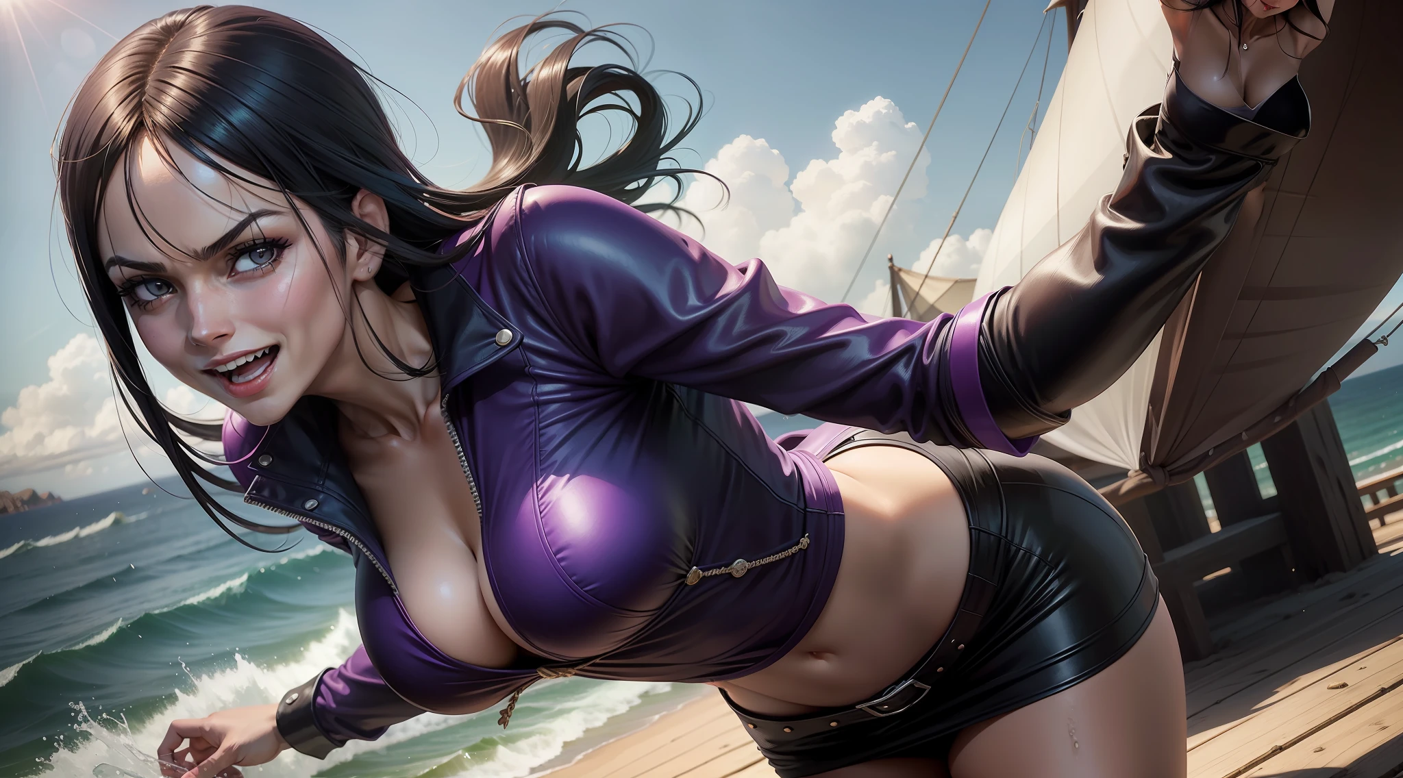 NICO ROBIN of the one-piece series, couro preto roxo roupas, happy expression, Cinematic lighting, navio de madeira, mar