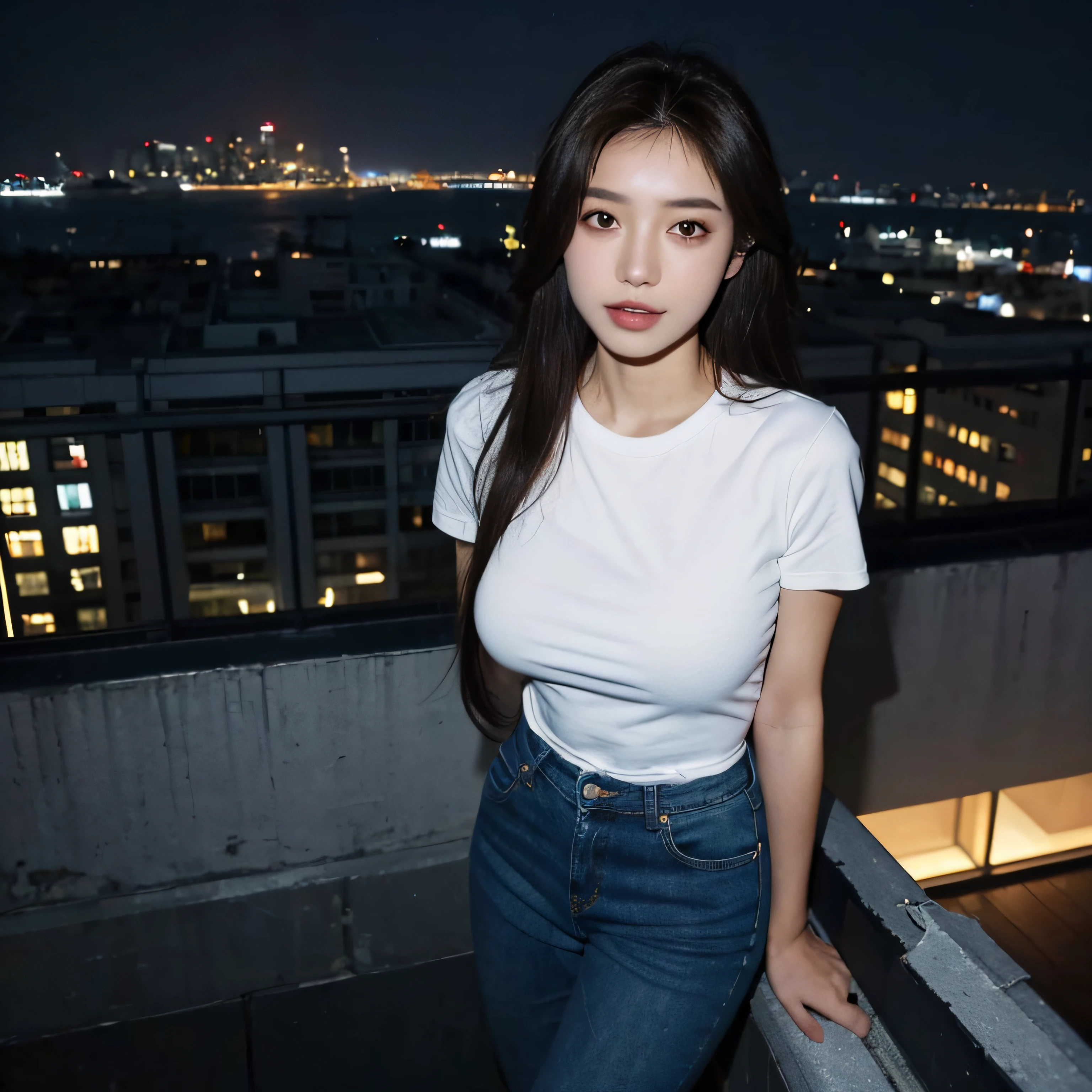 ((Midnight, Best quality, 8k, Masterpiece :1.3)), Whole body, Long legs, Sharp focus :1.2, A pretty woman with perfect figure :1.4, Slender abs :1.1, ((Dark brown hair, Big breasts :1.2)), (White tight tshirt, Jean bib, Standing:1.2), ((Night city view, Rooftop:1.3)), Highly detailed face and skin texture, Detailed eyes, Double eyelid