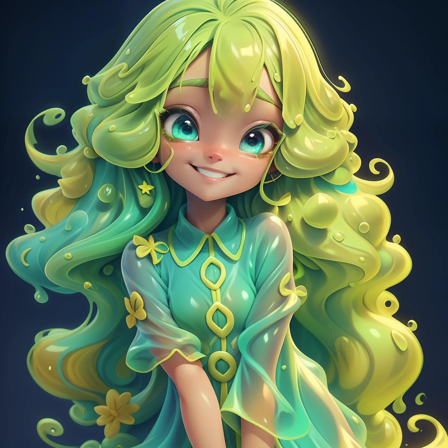  Slime girl, (slime), Slime cabelo estilo de cabelo, multicolorido, sorriso e olhos delicados, vestido de noite extravagante, fundo simples, Masterpiece, Melhor Qualidade