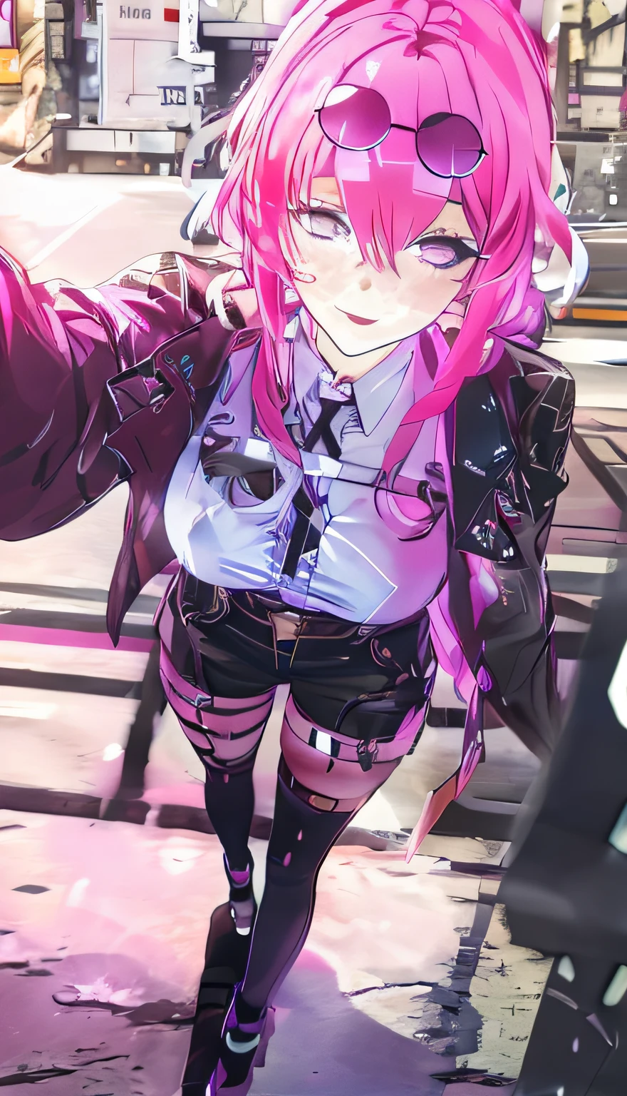 Anime girl with pink hair and black leather jacket walking down the street, Best anime 4k konachan wallpaper, Guviz, Guweiz in Pixiv ArtStation, from girls frontline, Guweiz on ArtStation Pixiv, Guviz-style artwork, Female protagonist 👀 :8, seductive anime girls, photorealestic