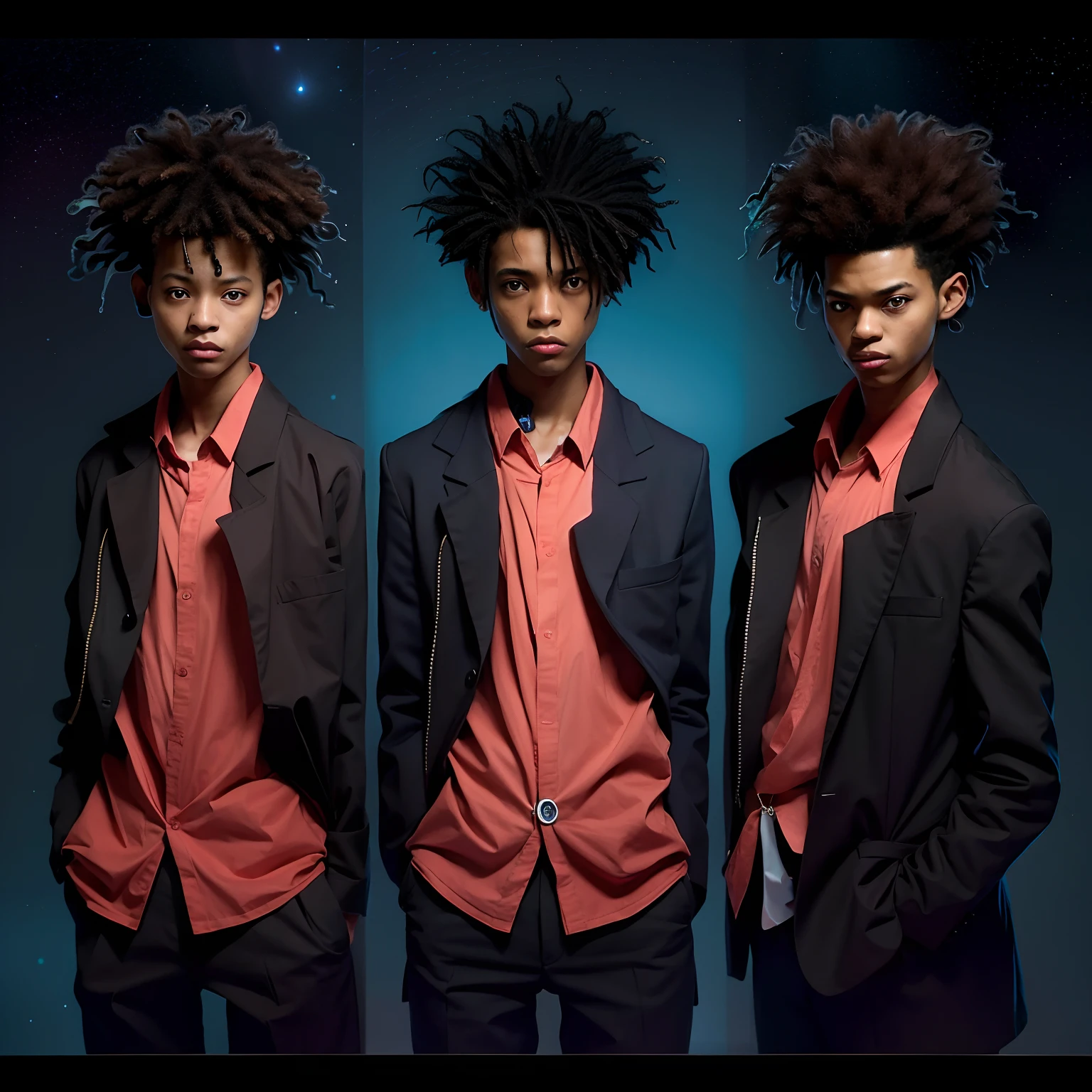 Three different shots of a man with a tie and shirt, Retrato de Willow Smith, Estilo Afro Samurai, No estilo de Tyler Mitchell, Retrato Willow Smith, estilo anime afro samurai, Estilo anime de Will Smith, adolescente negro, Basquiat | afrofuturismo, afro samurai animes style, Estilo Ross Tran, inspirado em Shinji Aramaki, retrato de alta qualidade