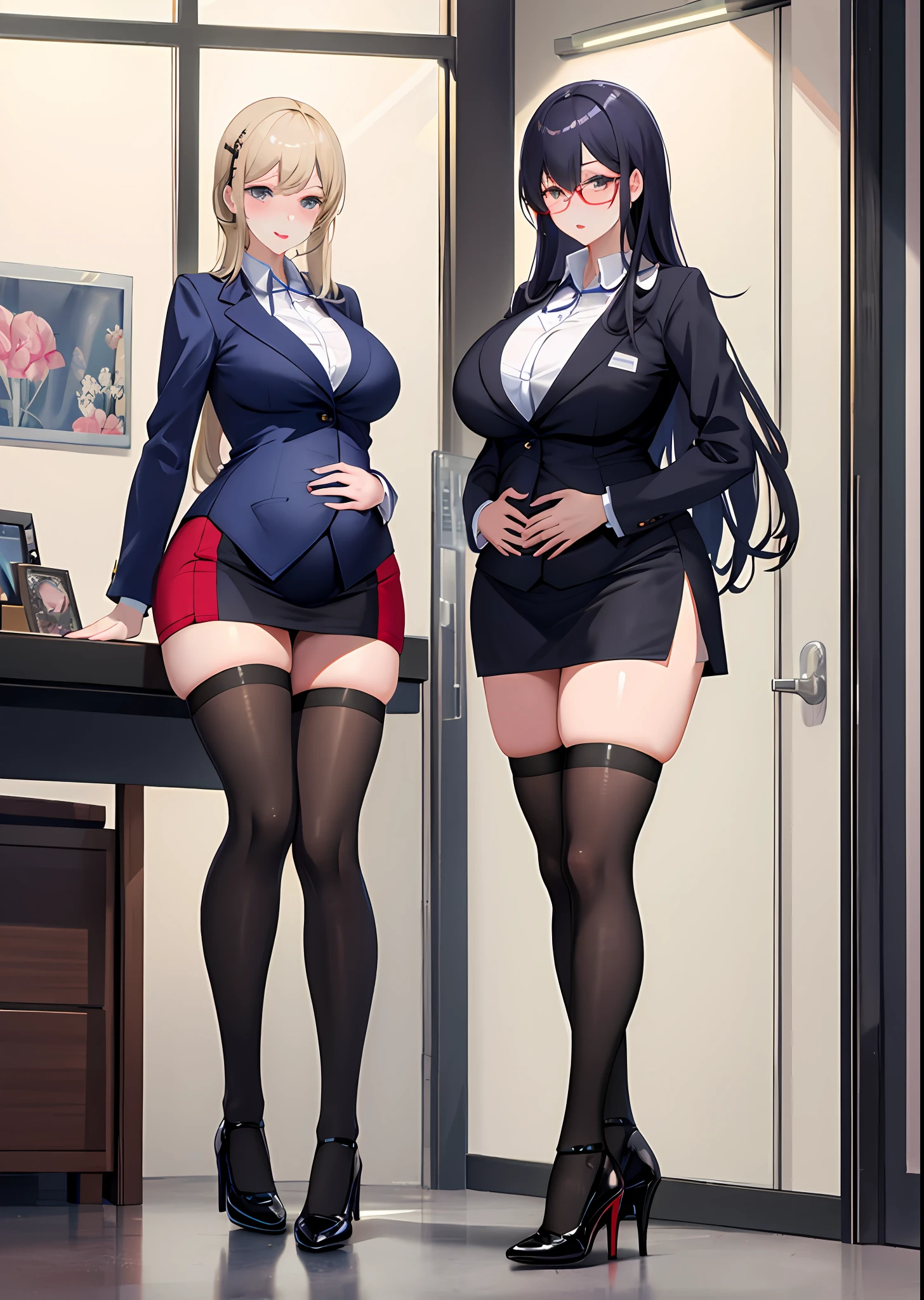 Full body photo of a beautiful sexy secretary in a miniskirt and sewn stockings,stands_straight,((独奏)),AS-Adult,At the office,high-heels,Craving sexual,strokes_herself,pregnant belly,Pregnant belly