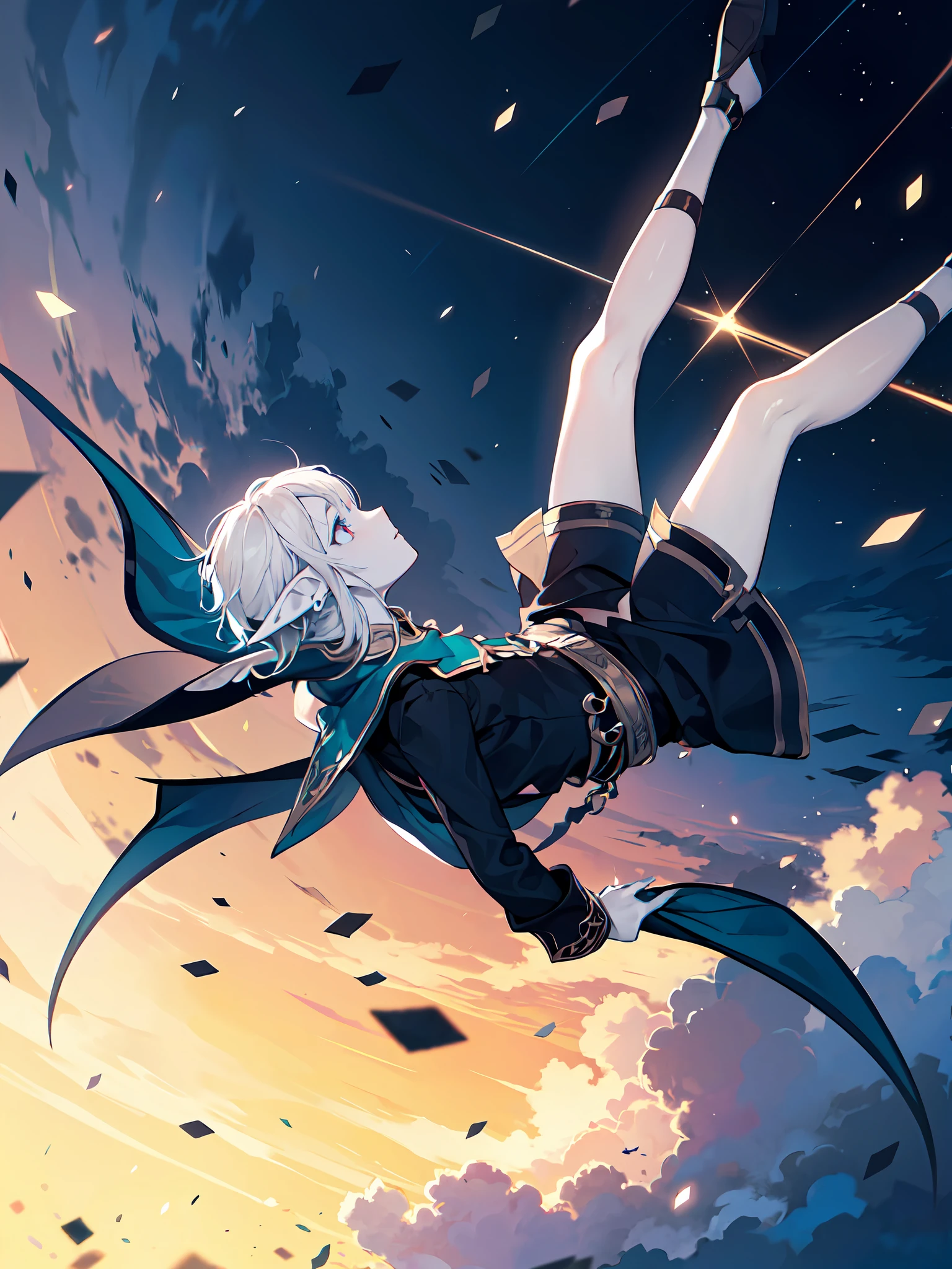 (masterpiece:1.2), (pale skin:1.2), (8k:1.2), (solo:1.2), (female:1.1), (dynamic angle), (elf ears:1.3), (falling:1.4), (exterior:1.2), sky, (looking up:1.1)