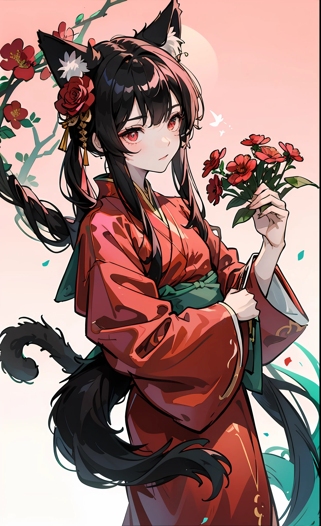 Lovely, with cat ears, wearing Hanfu, wearing a small red hat and holding flowers, double, shiny skin, pink background.