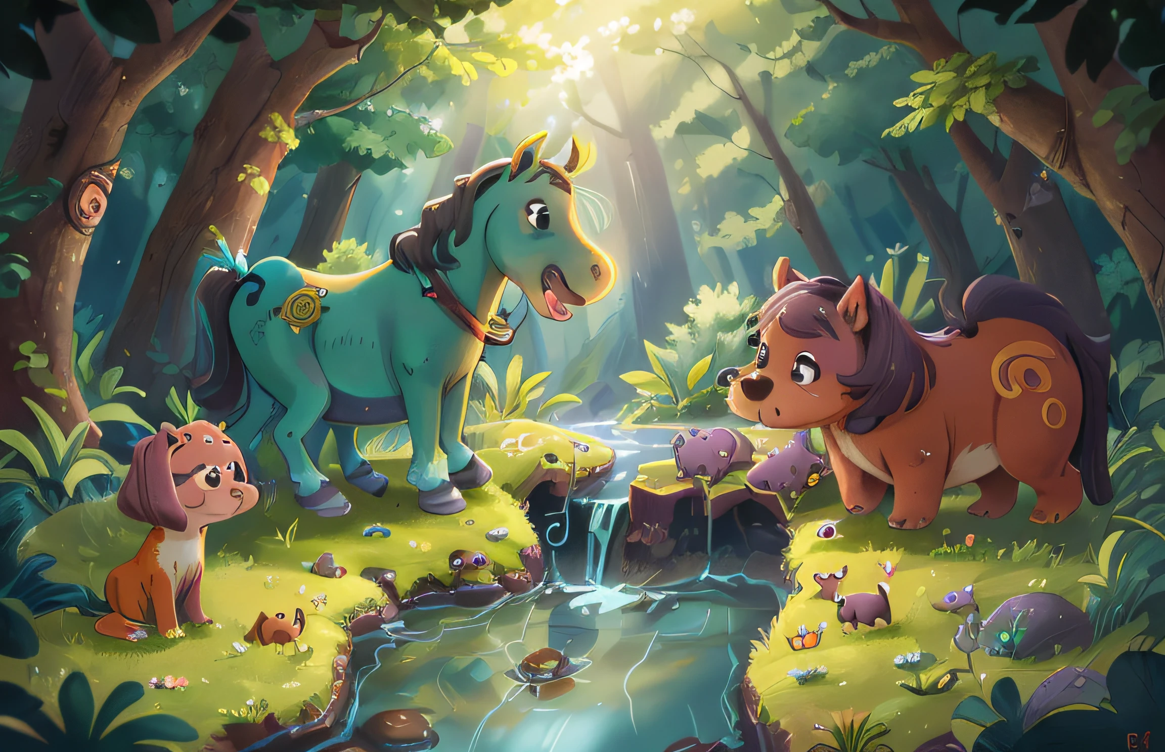 brown horse, purple dog , gray hippo  in the forest, small stream, grass turns green, perfect quality, clear focus (clutter - home: 0.8), (masterpiece: 1.2) (Realistic: 1.2) (Bokeh) (Best quality) (Detailed skin: 1.3) (Intricate details) (8K) (Detail Eyes) (Sharp Focus), (Happy)