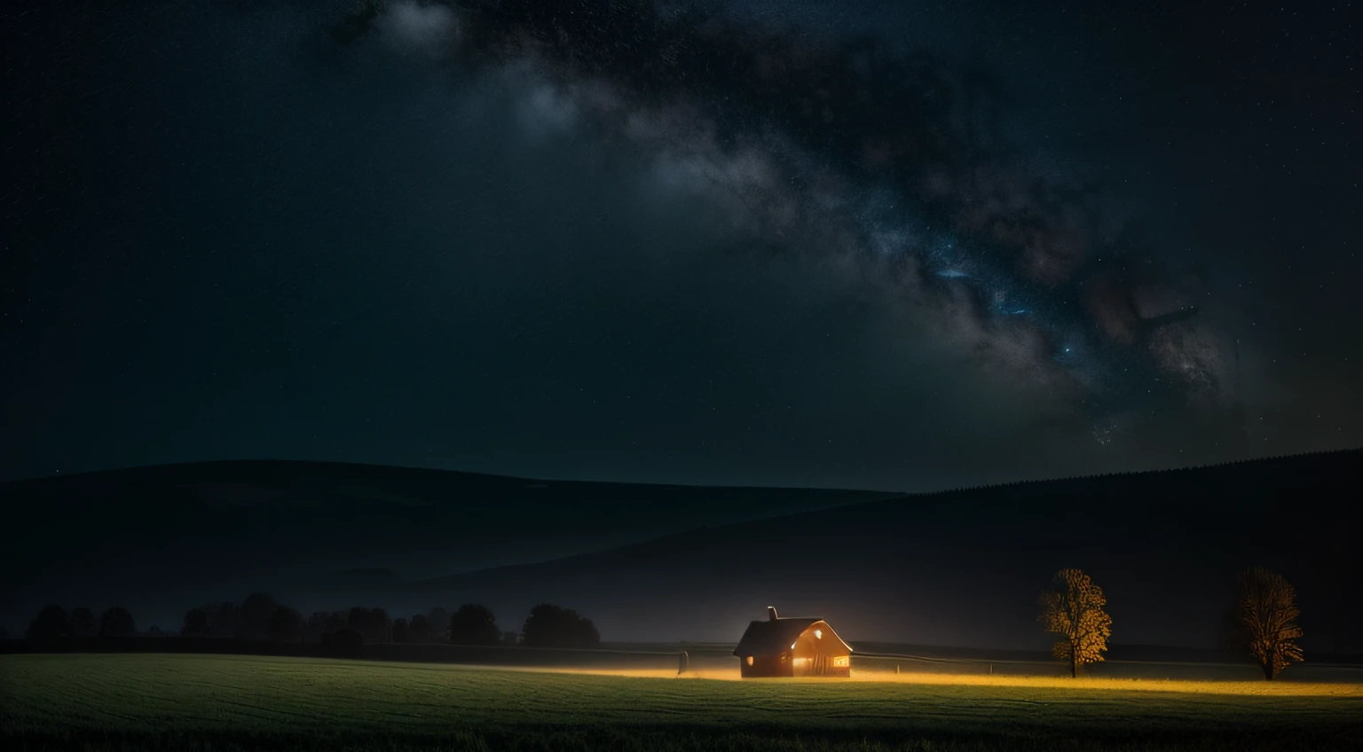 imagine a real photo and cinematic of a landscape of countryside a lone barn in a Field with a sky full of stars, Mikko Lagerstedt, fog and starry skies, by Jason A. Engle, foggy night sky, lonely atmosphere,