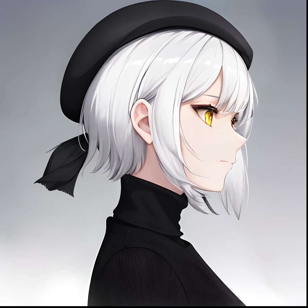 1girl, profile, (white hair), black beret, (short hair), (yellow eyes), turtleneck sweater, black sweater, (skull adornment), (serene face), 16 years old