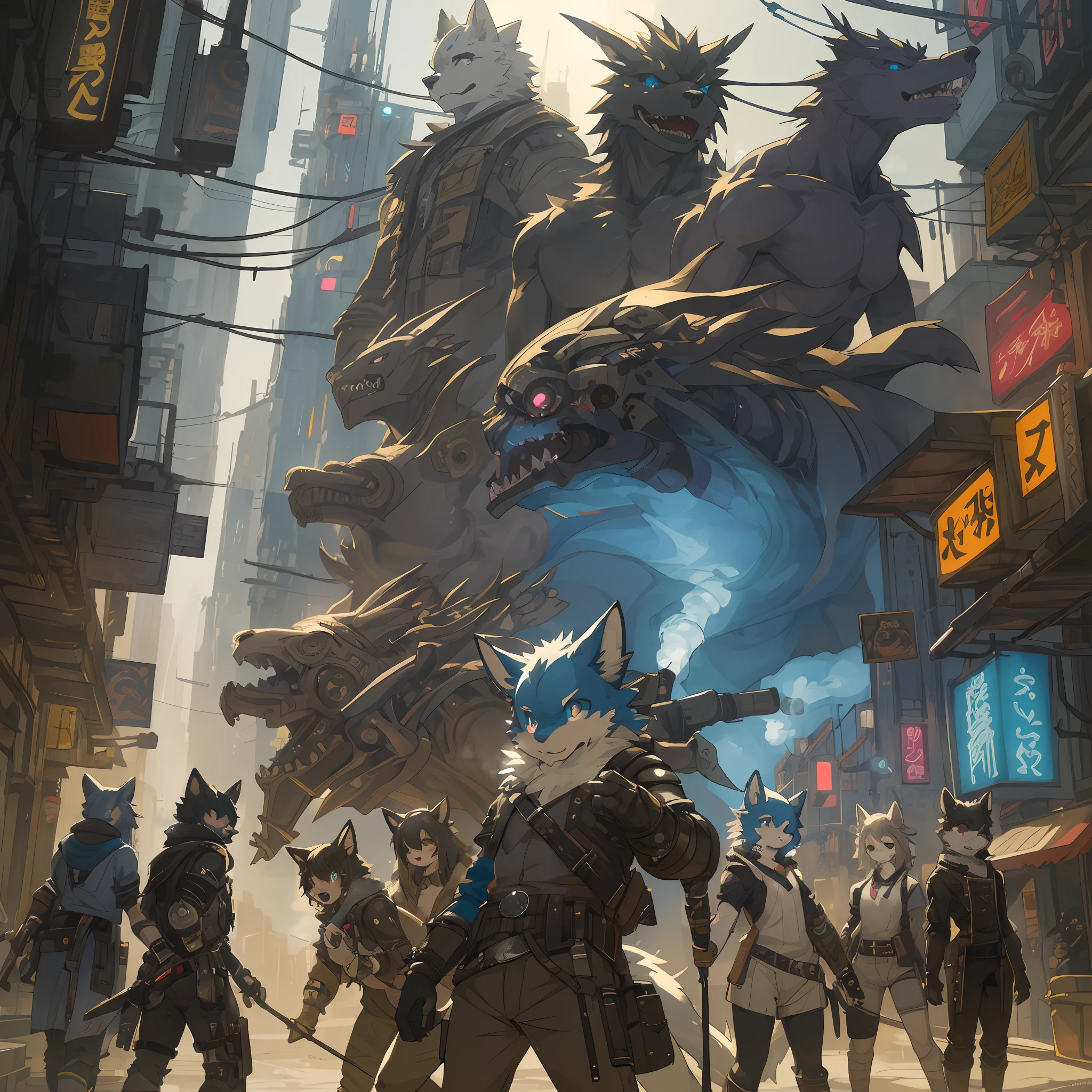 top quality, best quality, High-quality illustrations, masterpiece, super high resolution, detailed background, Dark Fantasy, Cyberpunk, steam punk, 6+boys, 6+girls, absurdres(highly detailed beautiful face and eyes)perfect anatomy, expression, good lighting, cinematic shadow(kemono, furry anthro)assorted poses, dynamic angle,