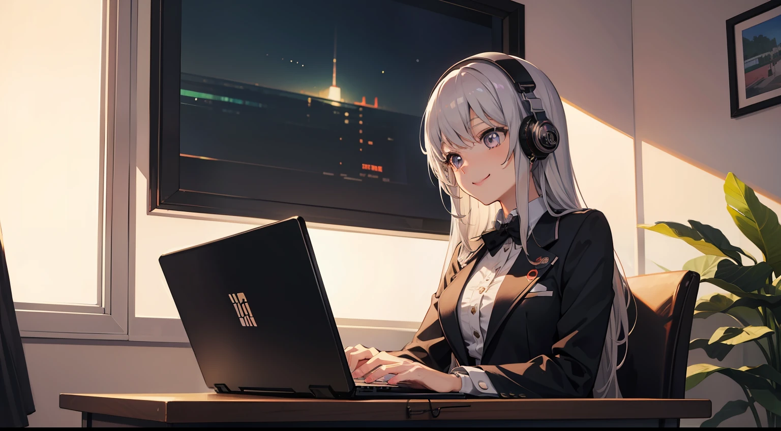 Anime girl with headphones sitting on laptop table, Business suits:1.3、silber hair、Semi-long hair、lofi-girl, a smile、lofi artstyle, lofi art, lofi vibes, lofi feel, lady、25-years old、lofi hip hop, lofi, chillhop, lofi girl aesthetic, lofi portrait, Lofivibe, lofi color, anime vibes, The aesthetics of the lofi