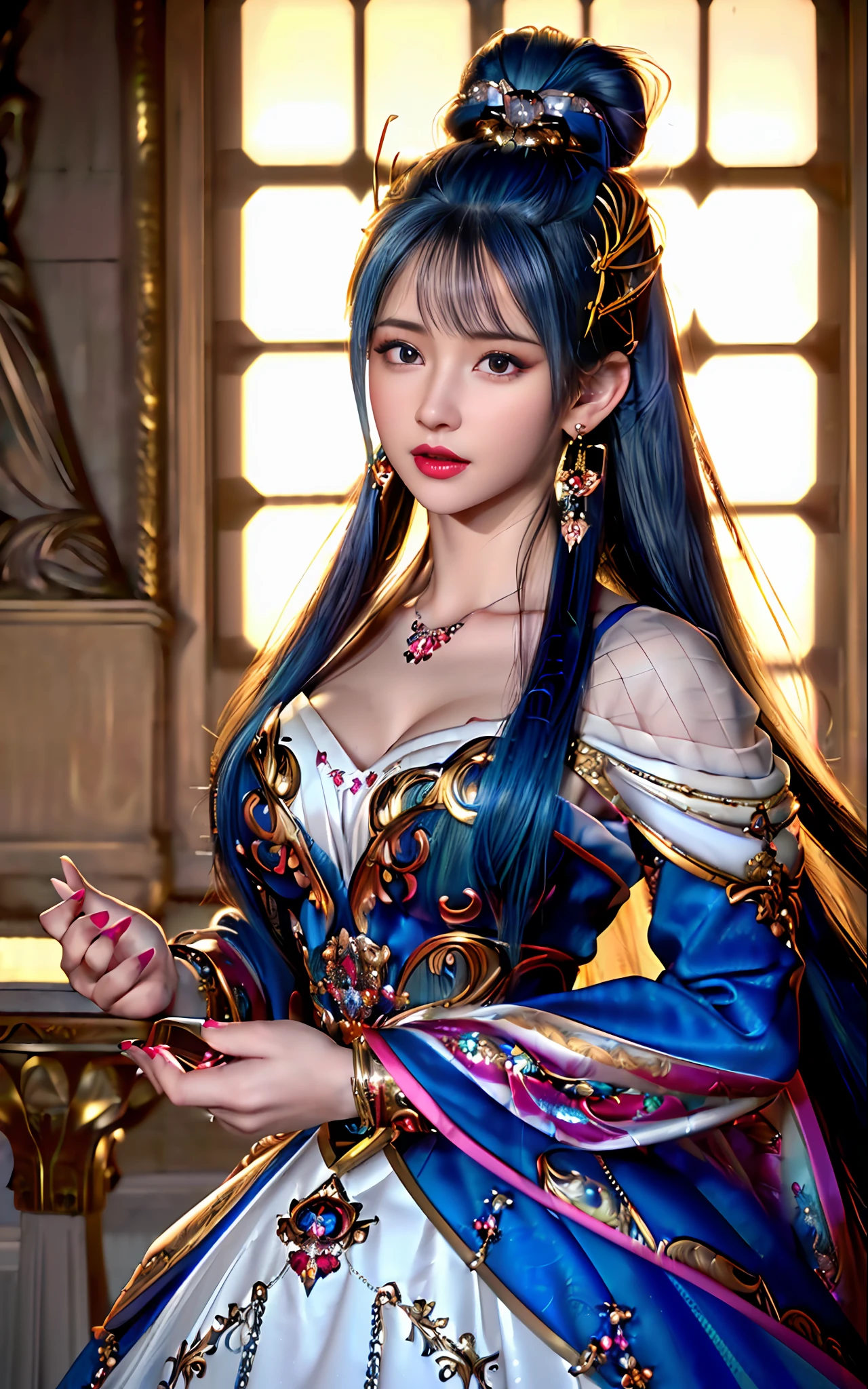 realisticity: 1.2)), ((realistic: 8K UHD)), ((best resolution: 8K UHD)), hyper detailed, best quality,masterpiece,highres,cg, ((1 girl hyper detailed and hyper realistic) ) , ((beautiful queen, hyper realistic and hyper detailed)),((white skin, beautiful, smooth, youthful, hyper realistic and hyper detailed )), ((Face hyper beautiful, white, hyper realistic and hyper detailed ) ), long hair, ((hyper realistic and hyper detailed dress)), solo, ((hyper realistic, hyper beautiful, beautiful and hyper detailed jewelry)), ((hyper beautiful deep red and golden yellow dress, hyper realistic and hyper detailed )) , ((Her pretty, hyper realistic, hyper detailed diamond filled earrings)), ((Her gorgeous diamond haircut, hyper realistic and hyper detailed)), ((hyper pretty upper body, hyper beautiful, hyper realistic and hyper detailed) ), ((medium breast: 1.5)), ((hyper realistic, hyper pretty, hyper detailed boobs)), ((the backgroun of the royal palace is hyper majestic, hyper realistic and hyper detailed)),((hands and palms hyper beautiful, hyper detailed, hyper realistic)), ((hyper detailed and hyper realistic fingers and fingernails)), ((posture not too fat and not too thin, hyper realistic, hyper detail)), ((hyper pretty, hyper pretty, hyper realistic and hyper detailed hair bun)), ((hyper pretty , hyper realistic and hyper detailed blue hair)), candid, Photo, high resolution, 8k , bokeh,