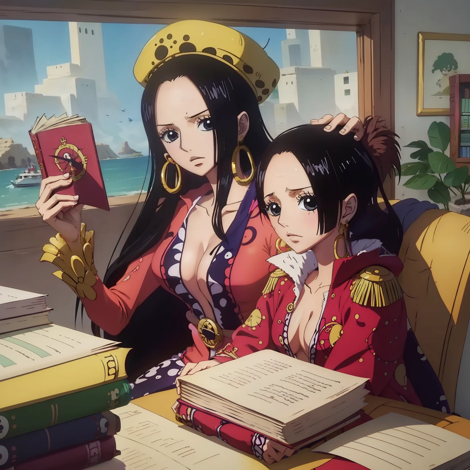melhor qualidade, obra prima, u detalhada, from one piece, Estilo One Piece, Arte do local, arte chave, melhor qualidade, boa hancock em um navio, lado a lado com uma pequena de cabelos pretos, Guidance for children, Boa Hancock e uma menina pessoas, felizes, NAVIO, Marz, livros, biblioteca